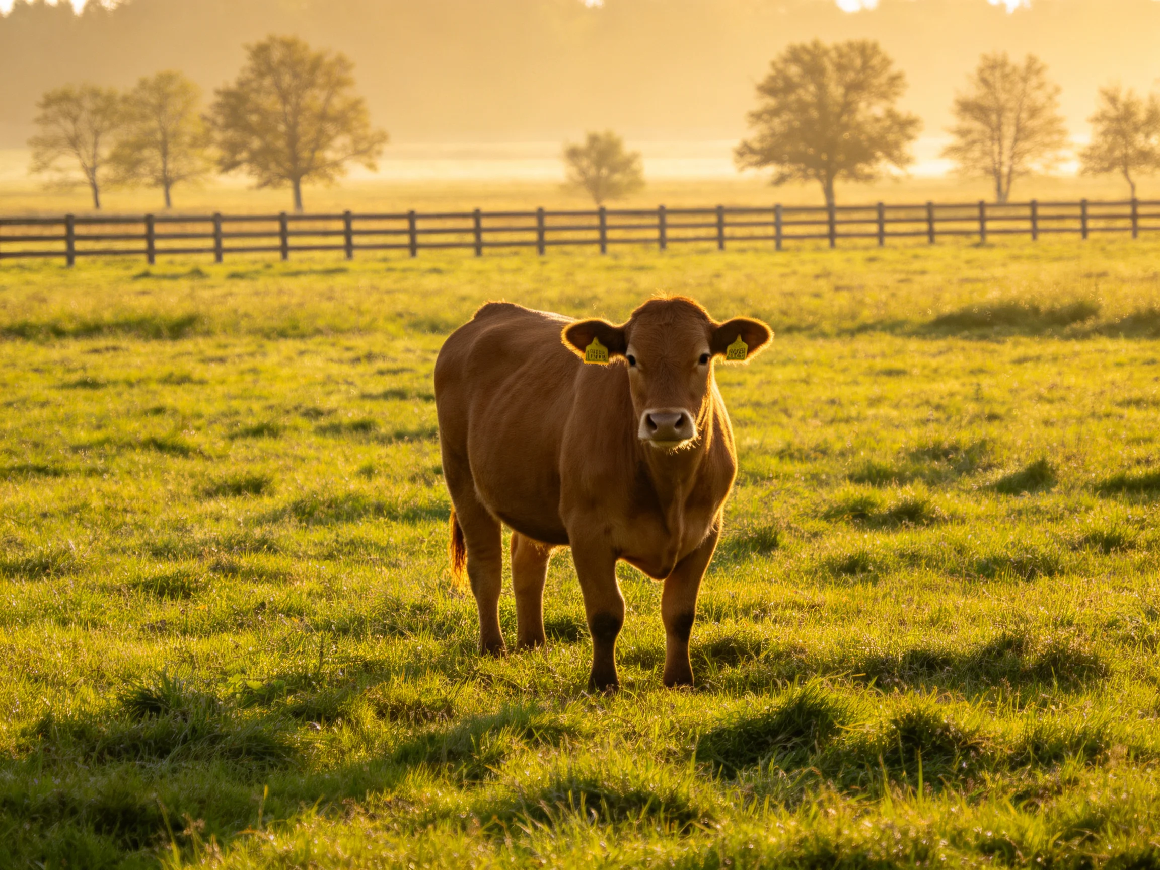 A brown cow stands in a sunlit green pasture near wooden fences