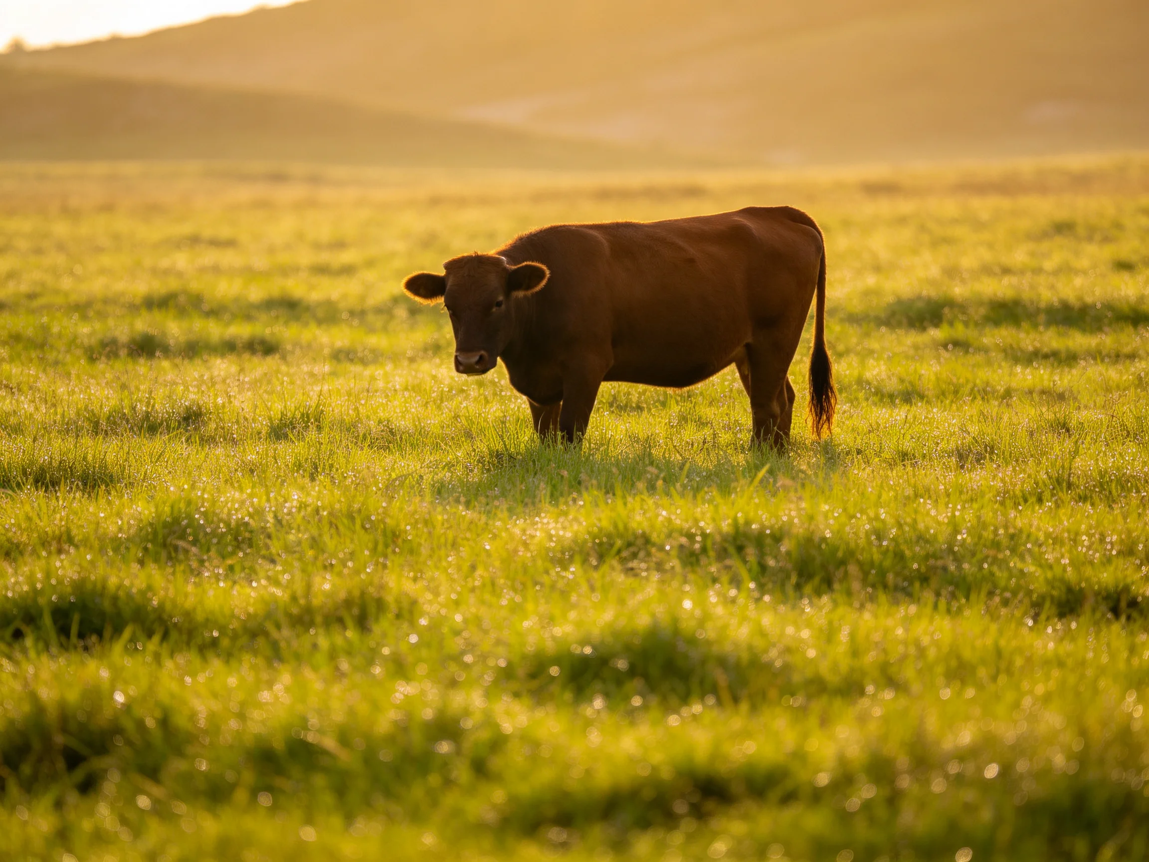 A single brown cow stands in a vast green meadow under golden light