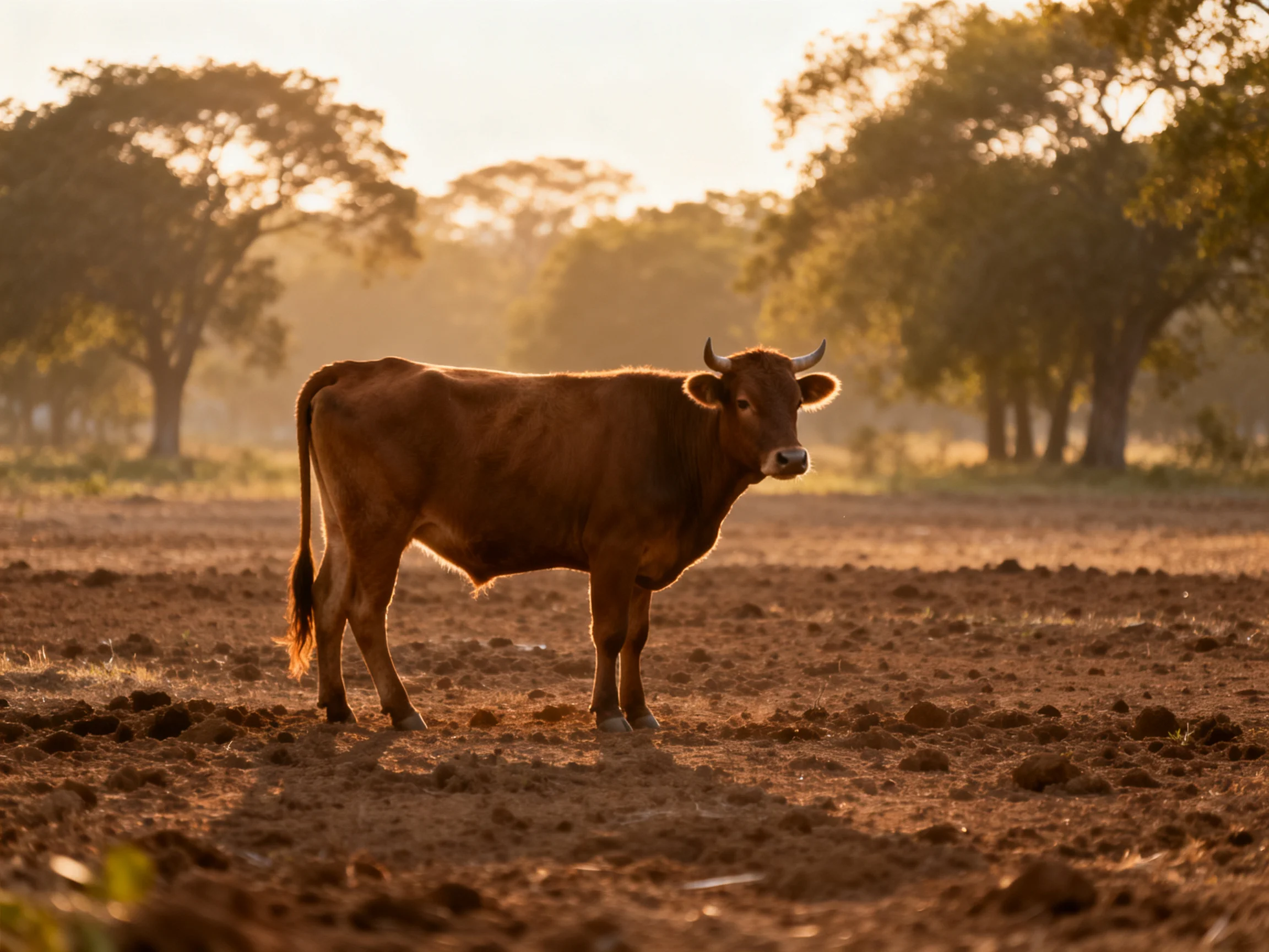 A single brown cow stands in an earth-toned field near golden-hued trees