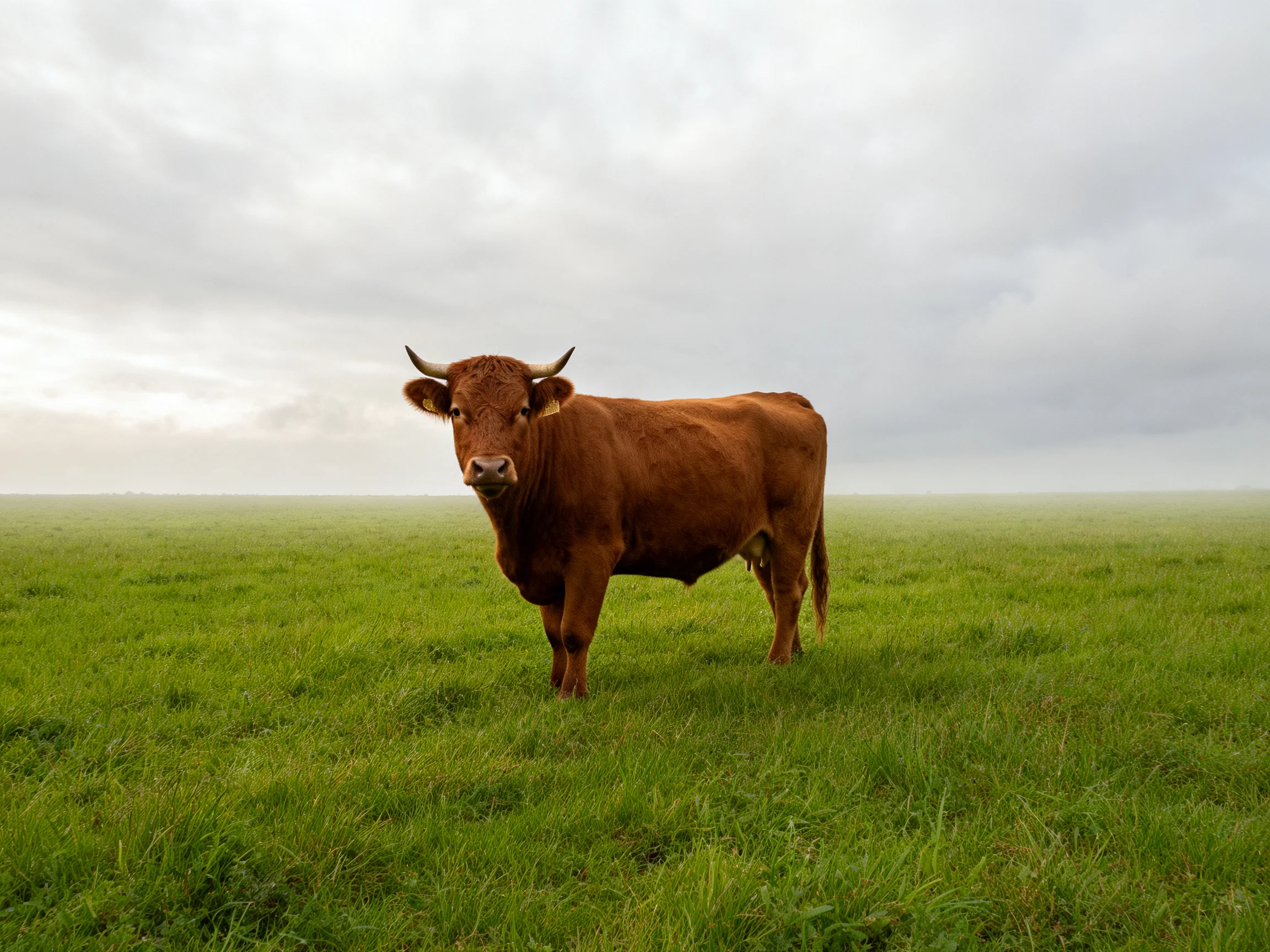 A brown cow stands alone in a vast green field beneath cloudy skies.