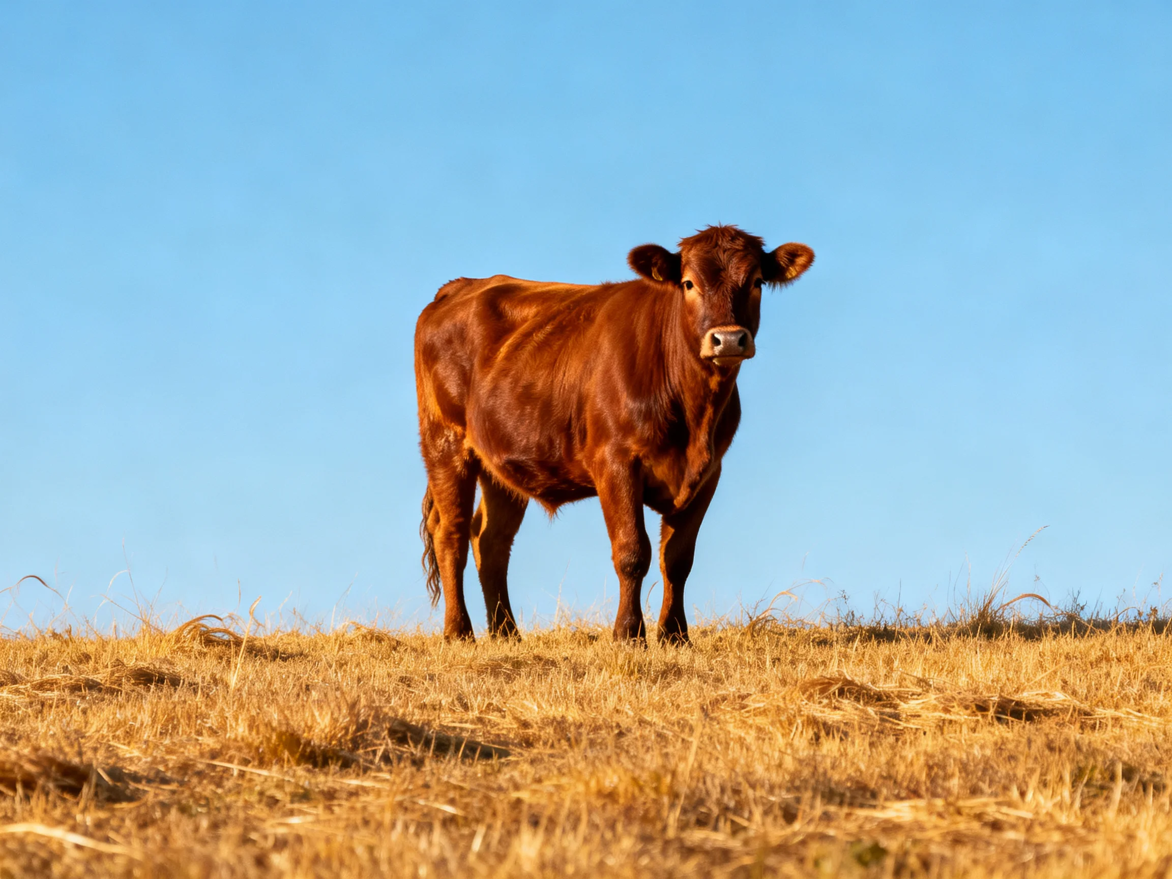 A single brown cow stands in an open field with golden grass and a clear blue sky.