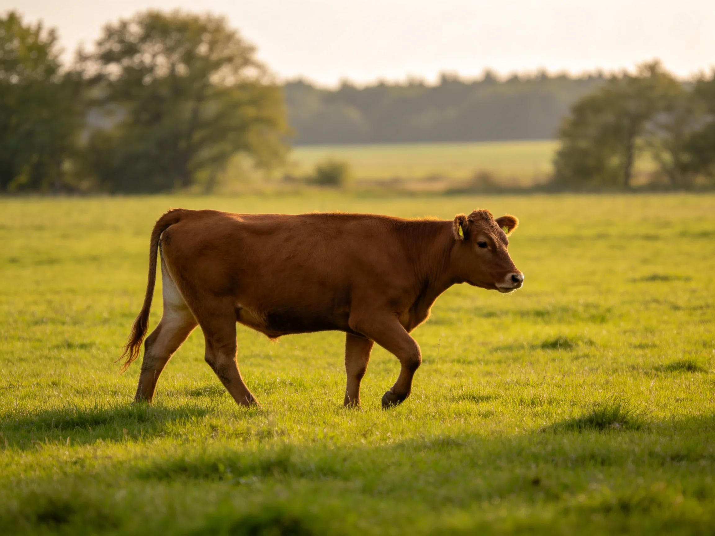 A single brown cow walking through a lush green pasture near trees