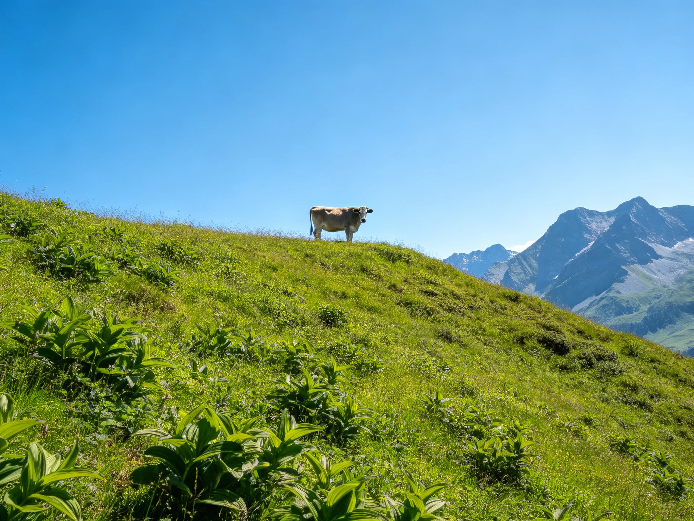 A cow stands alone on a verdant hillside with distant mountain peaks.