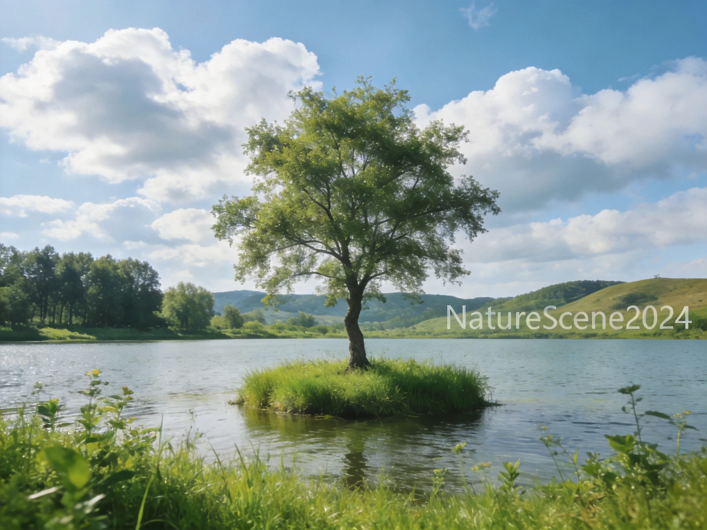 A single tree stands on a grassy island in calm water