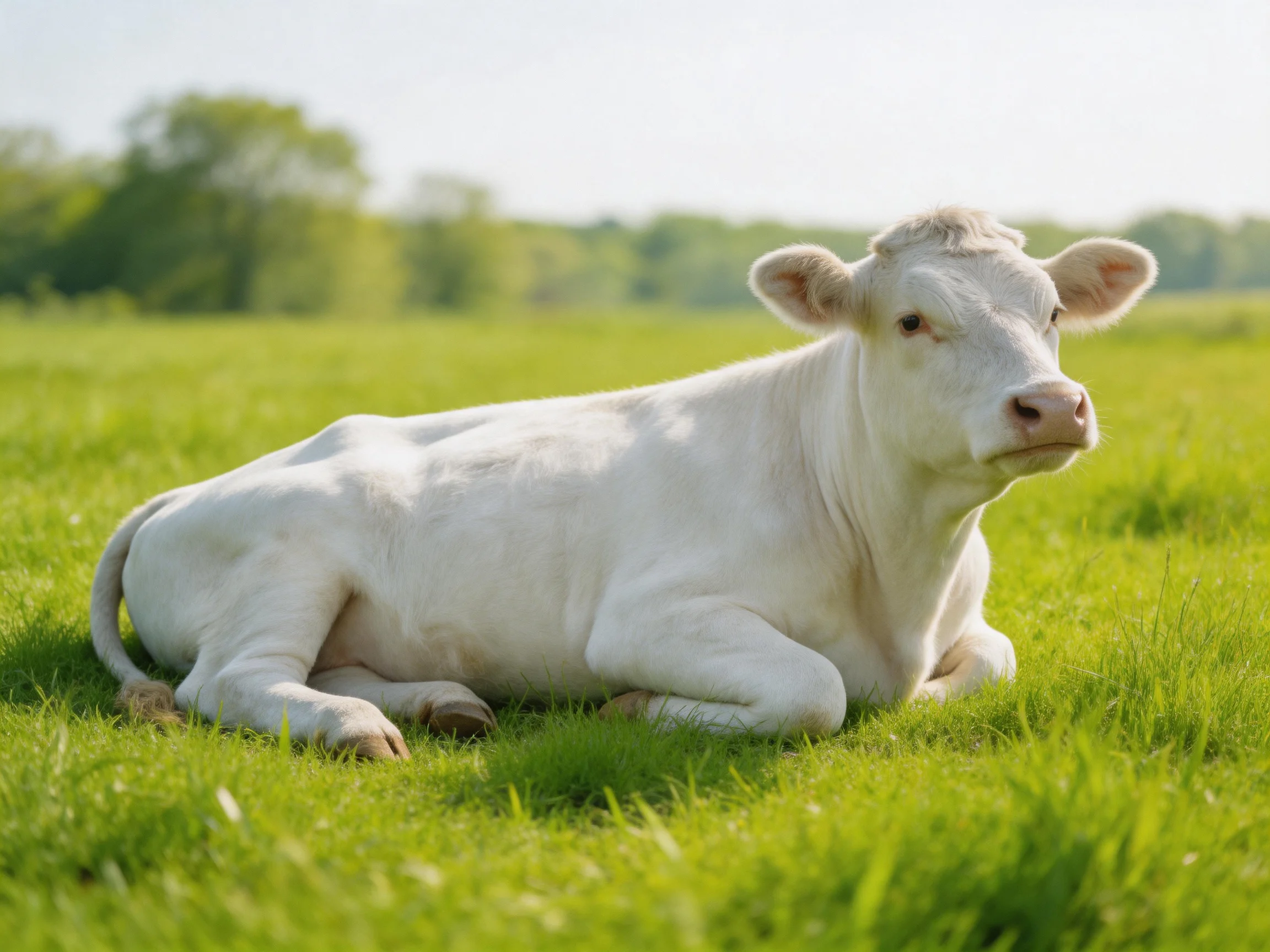 A single white calf resting in a lush green pasture