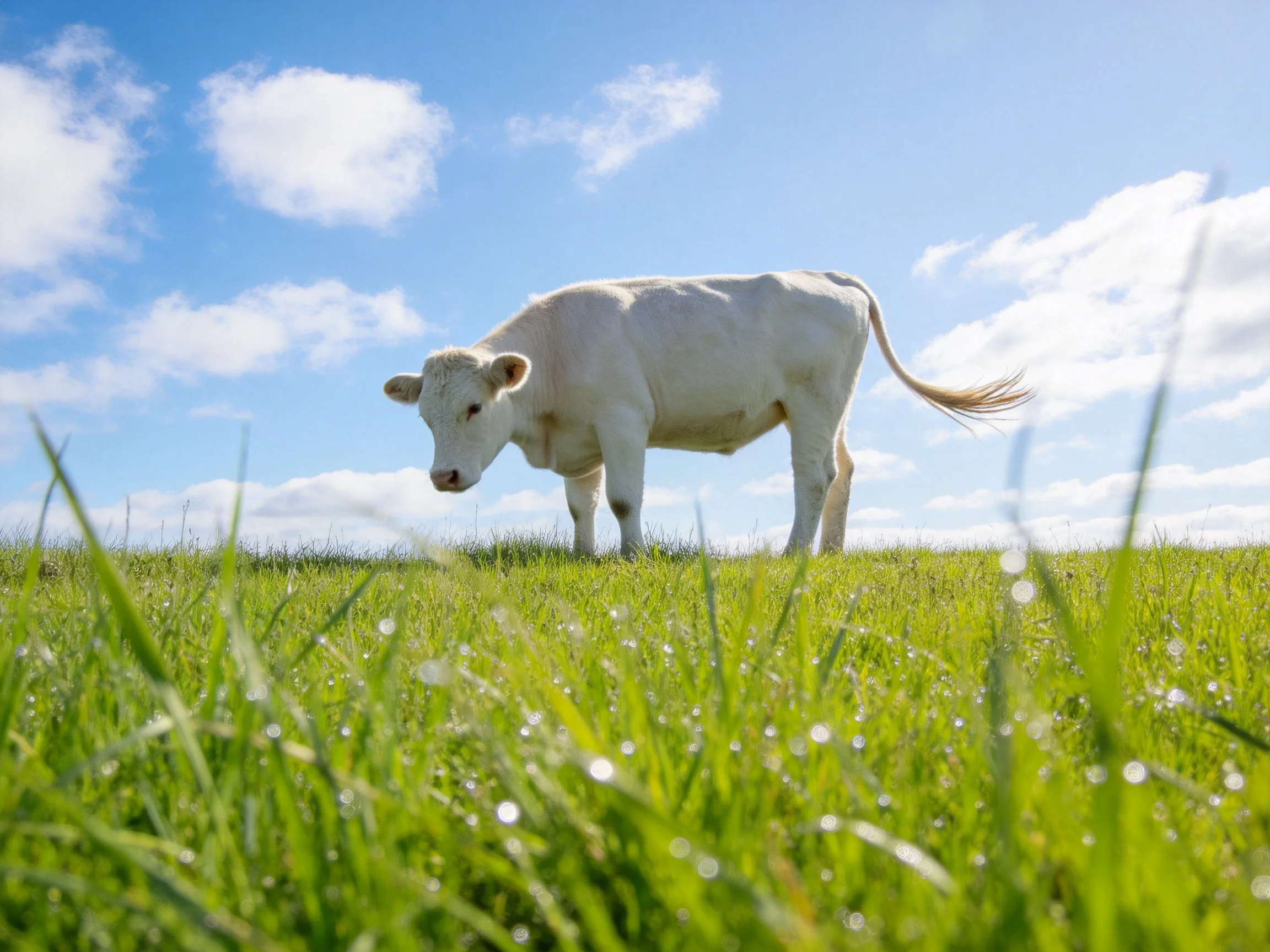 A single white cow grazing in a lush green meadow under bright blue sky