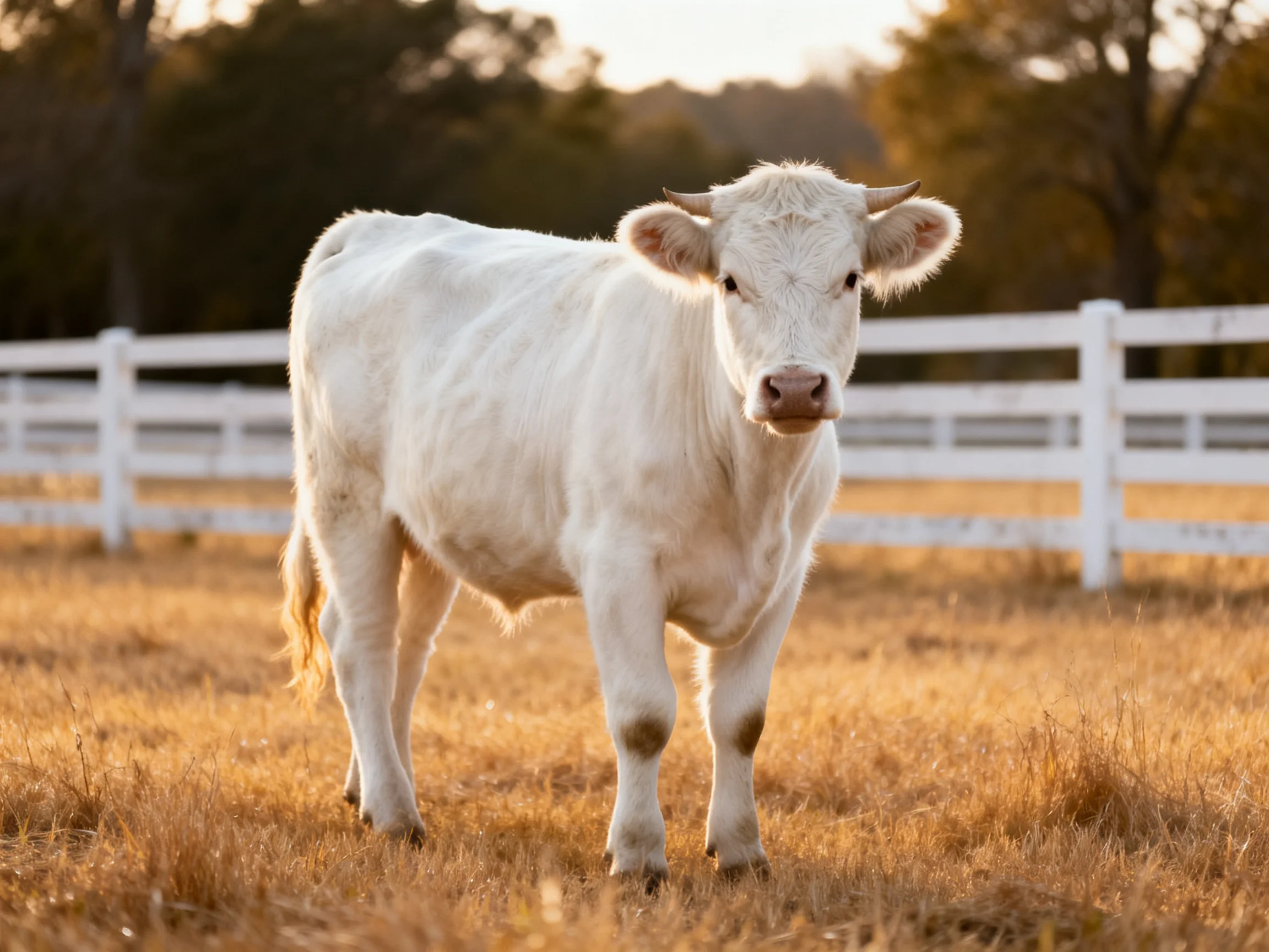 A white cow stands in a golden field with a white fence in the background.