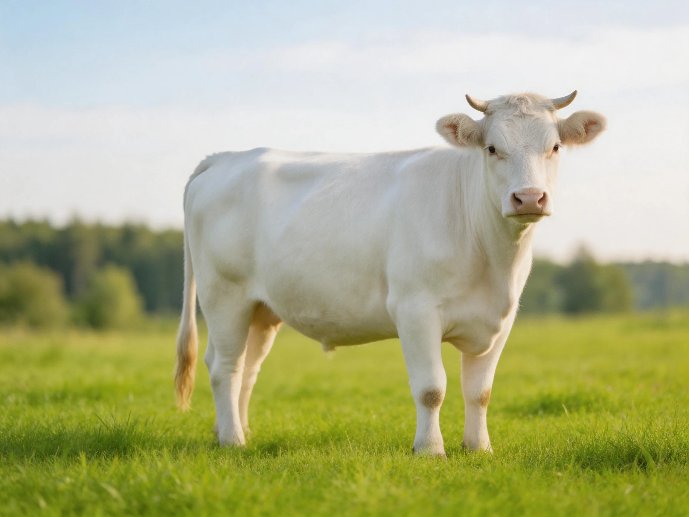 A white cow stands calmly in a sunlit green pasture.