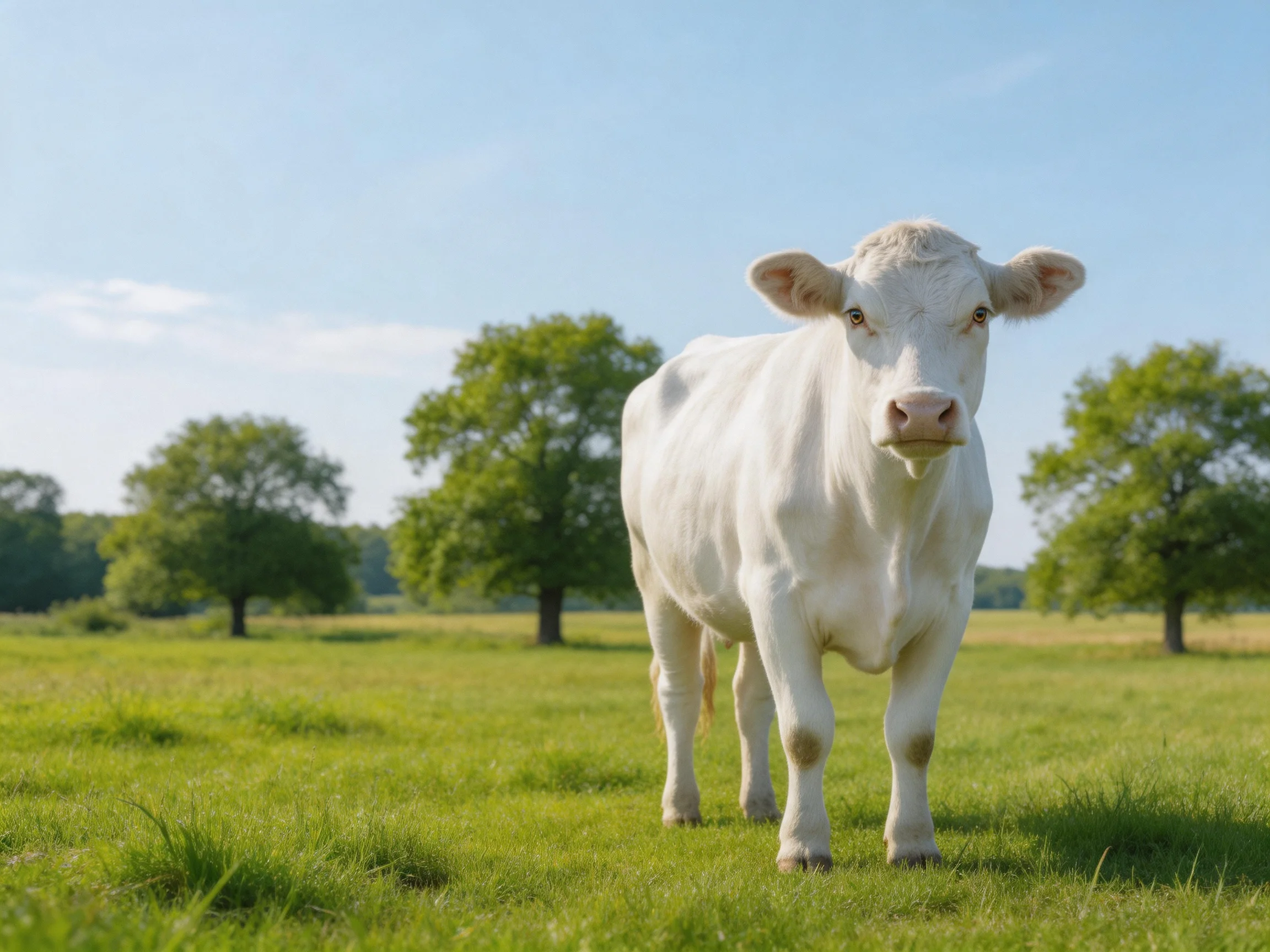 A single white cow stands in a lush green pasture with scattered trees