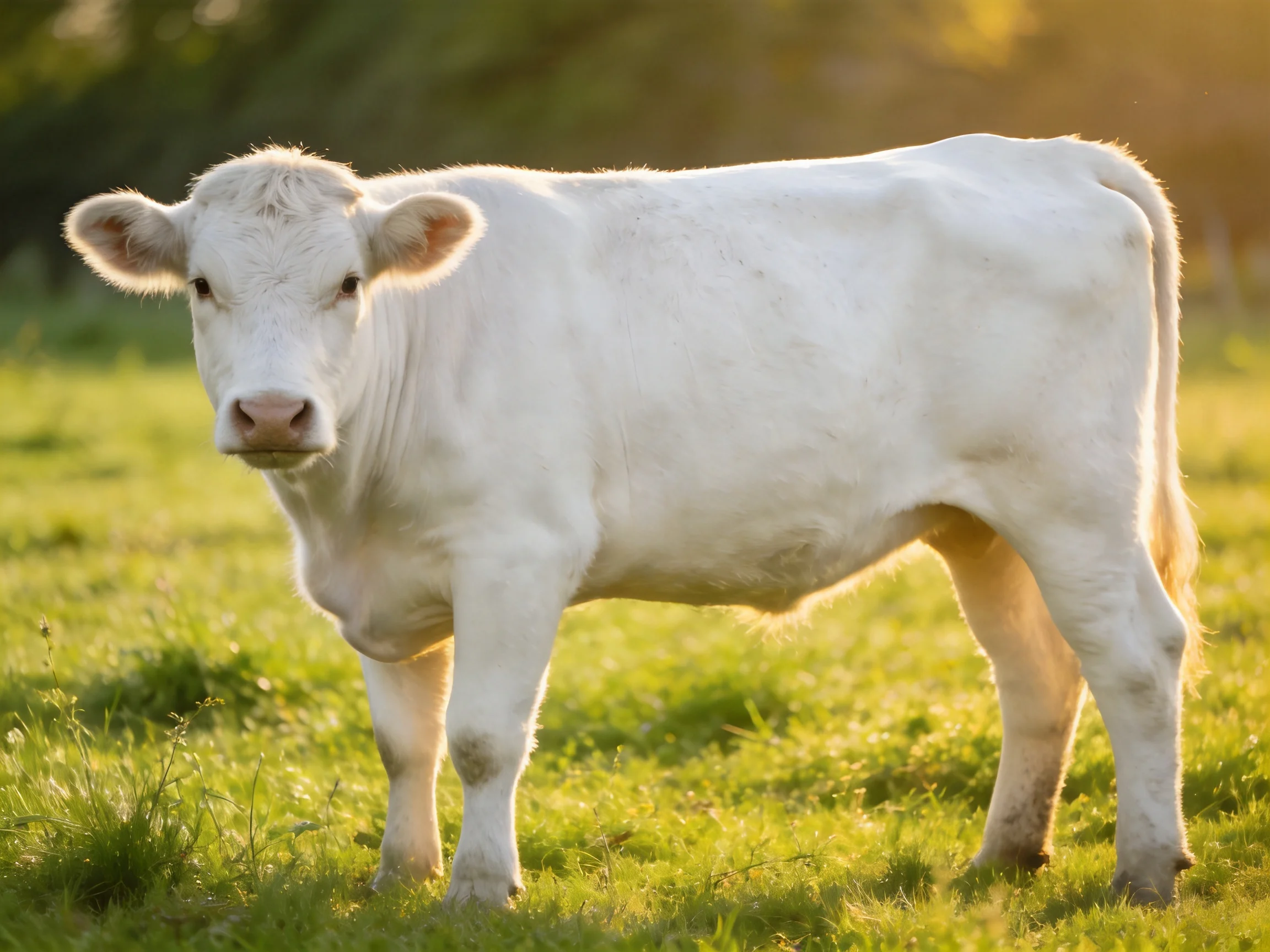 A single white cow stands in a sunlit green pasture