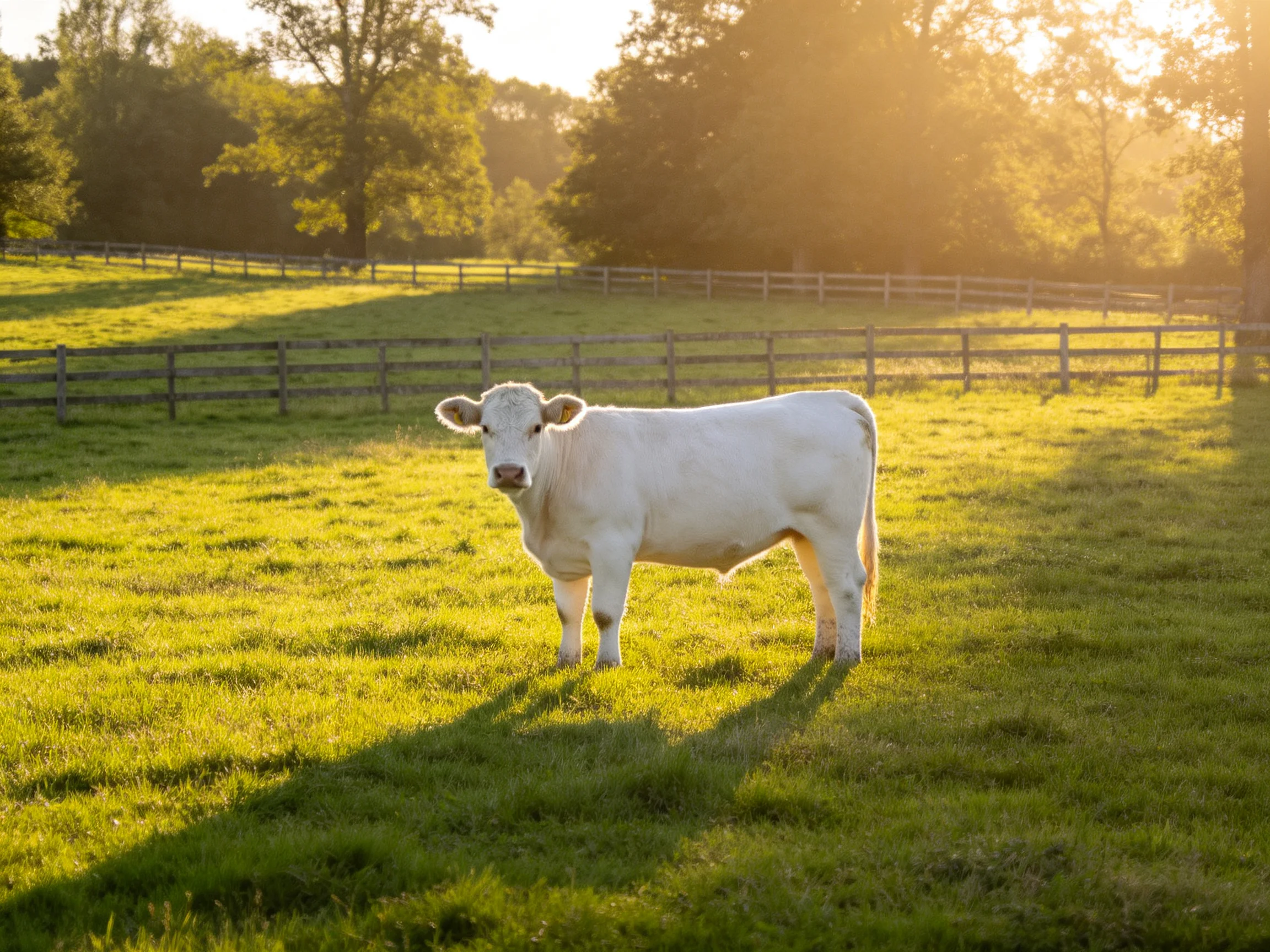A white cow stands in a sunlit green pasture with wooden fences