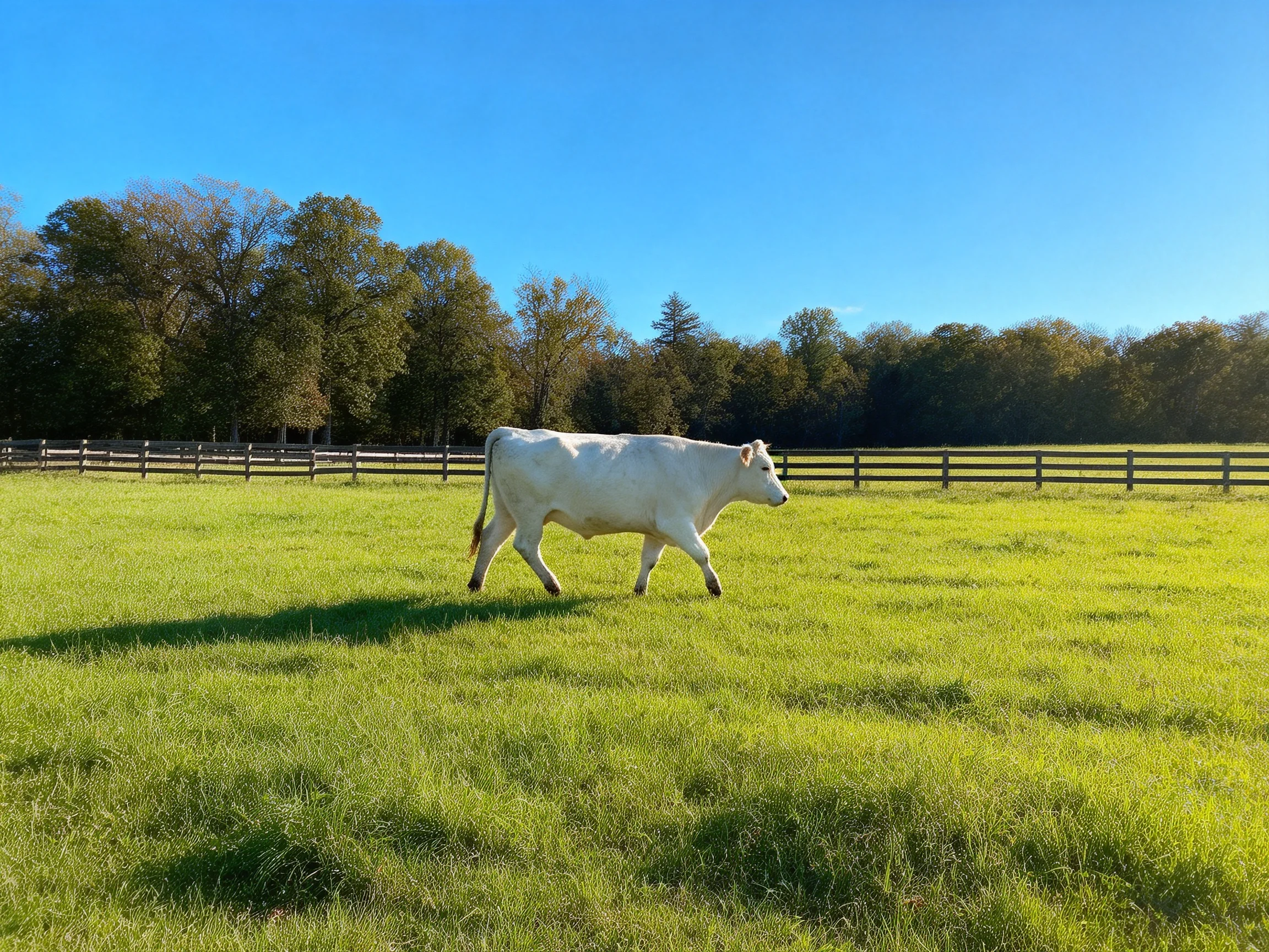 A single white cow walks through a lush green pasture near a wooden fence