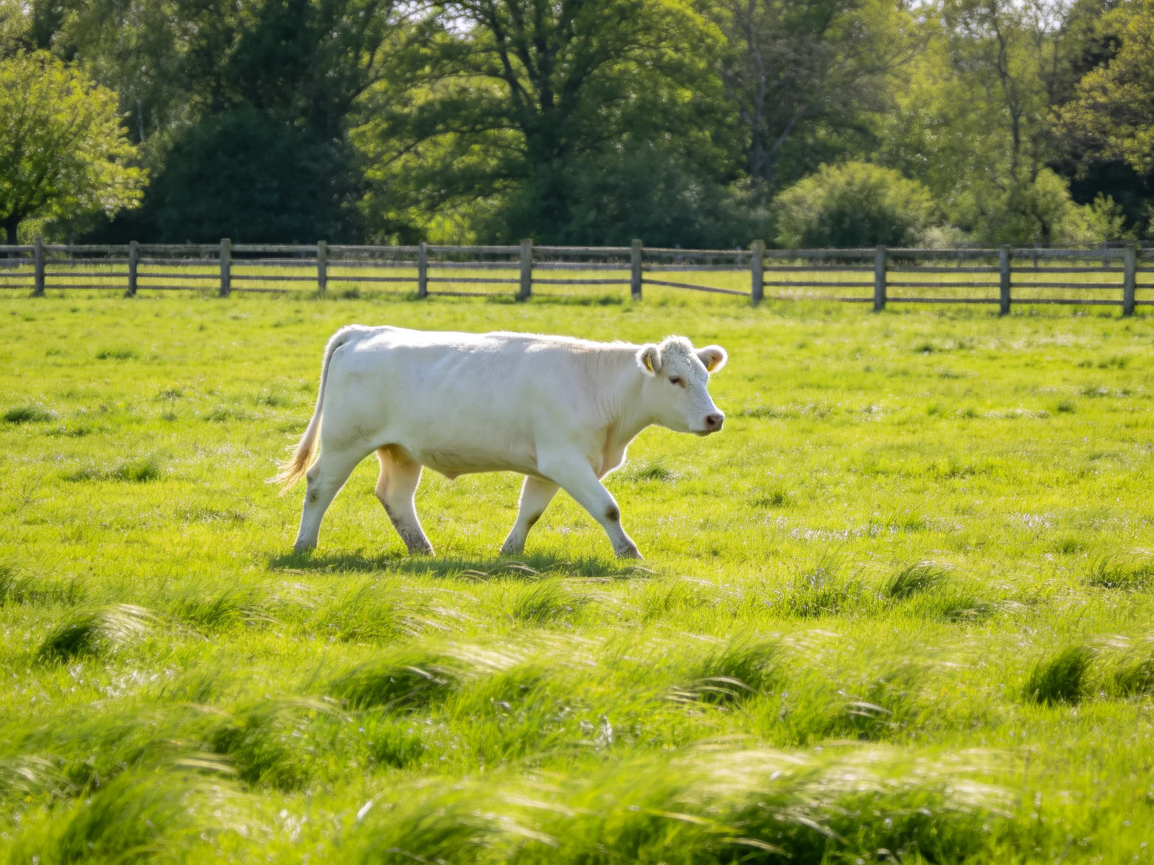 A single white cow walks through a lush green pasture near wooden fences