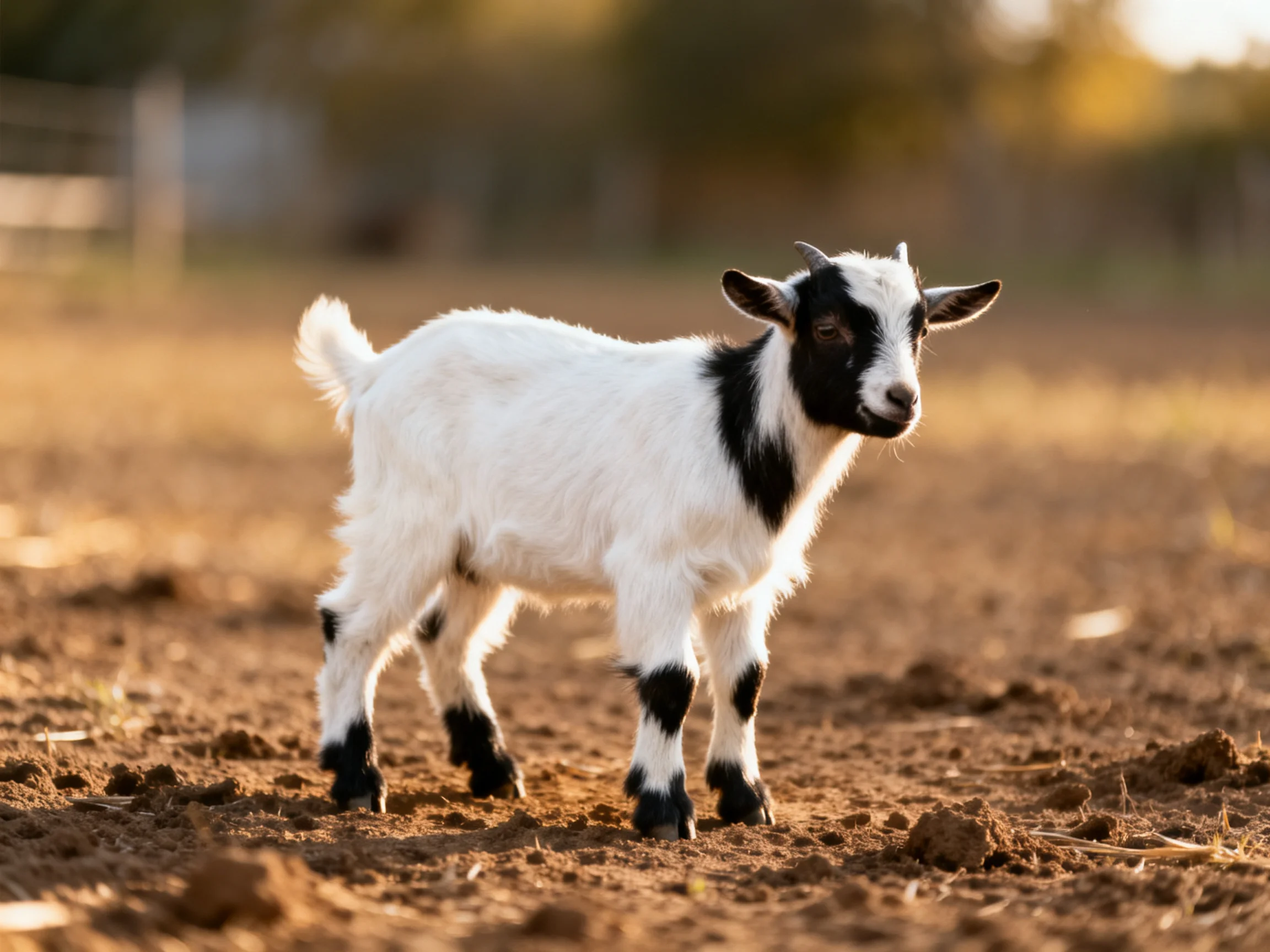 A small black-and-white goat on sunlit brown earth