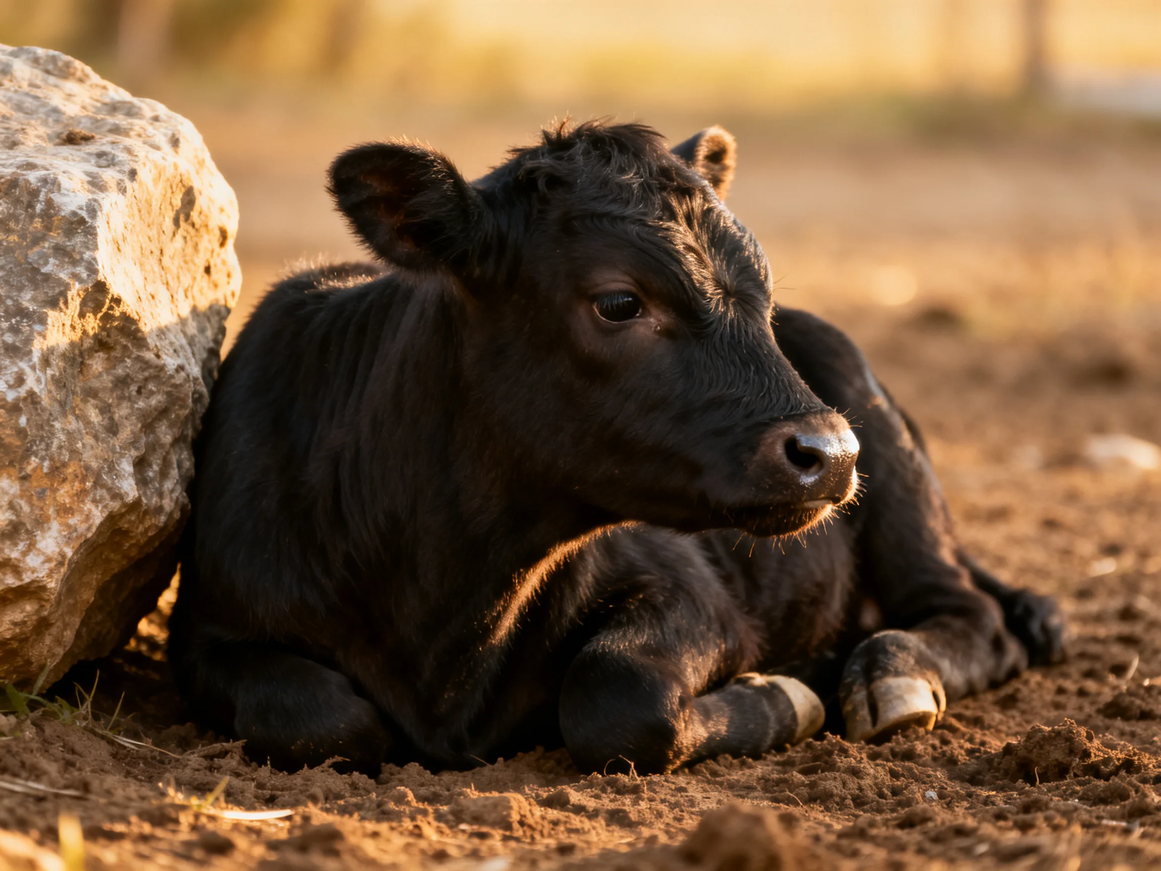 A small black calf rests near a large rock on dusty earth under warm sunlight