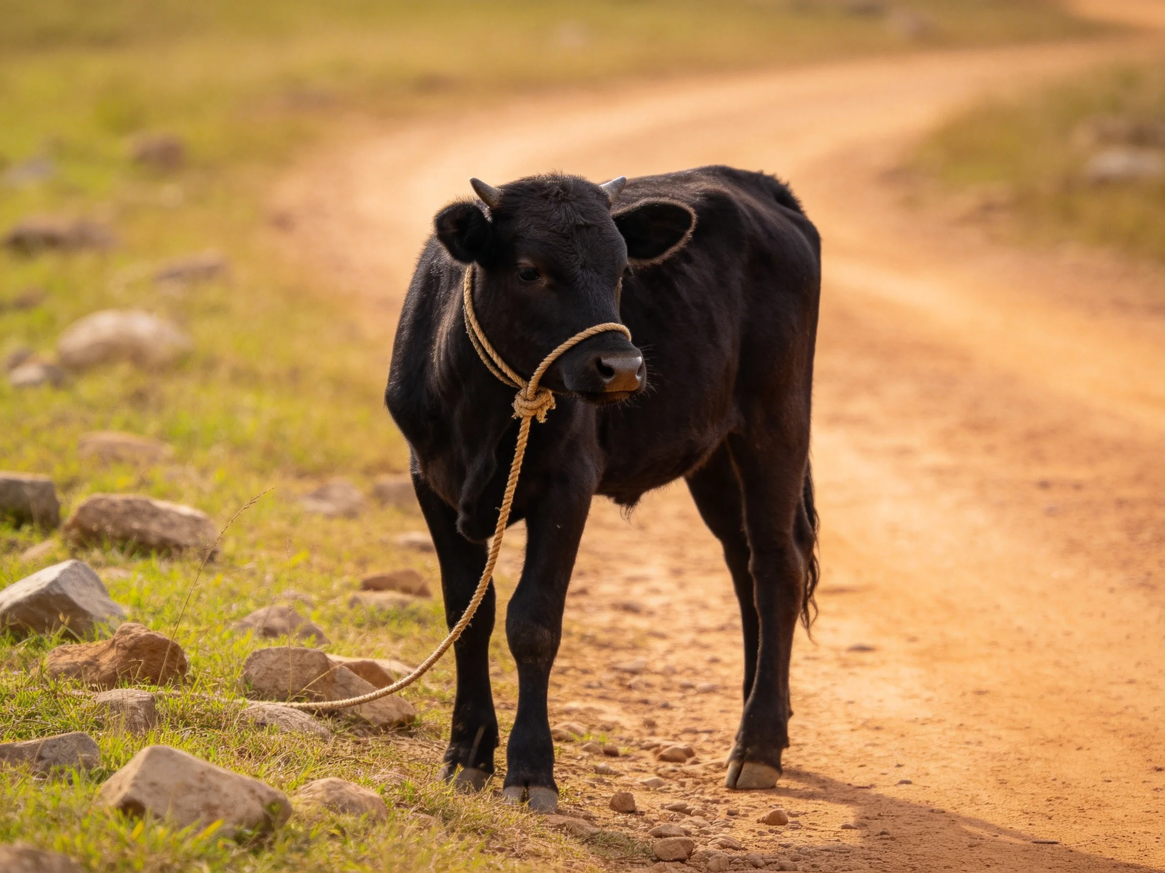 A small black calf tied with rope on a dusty country path