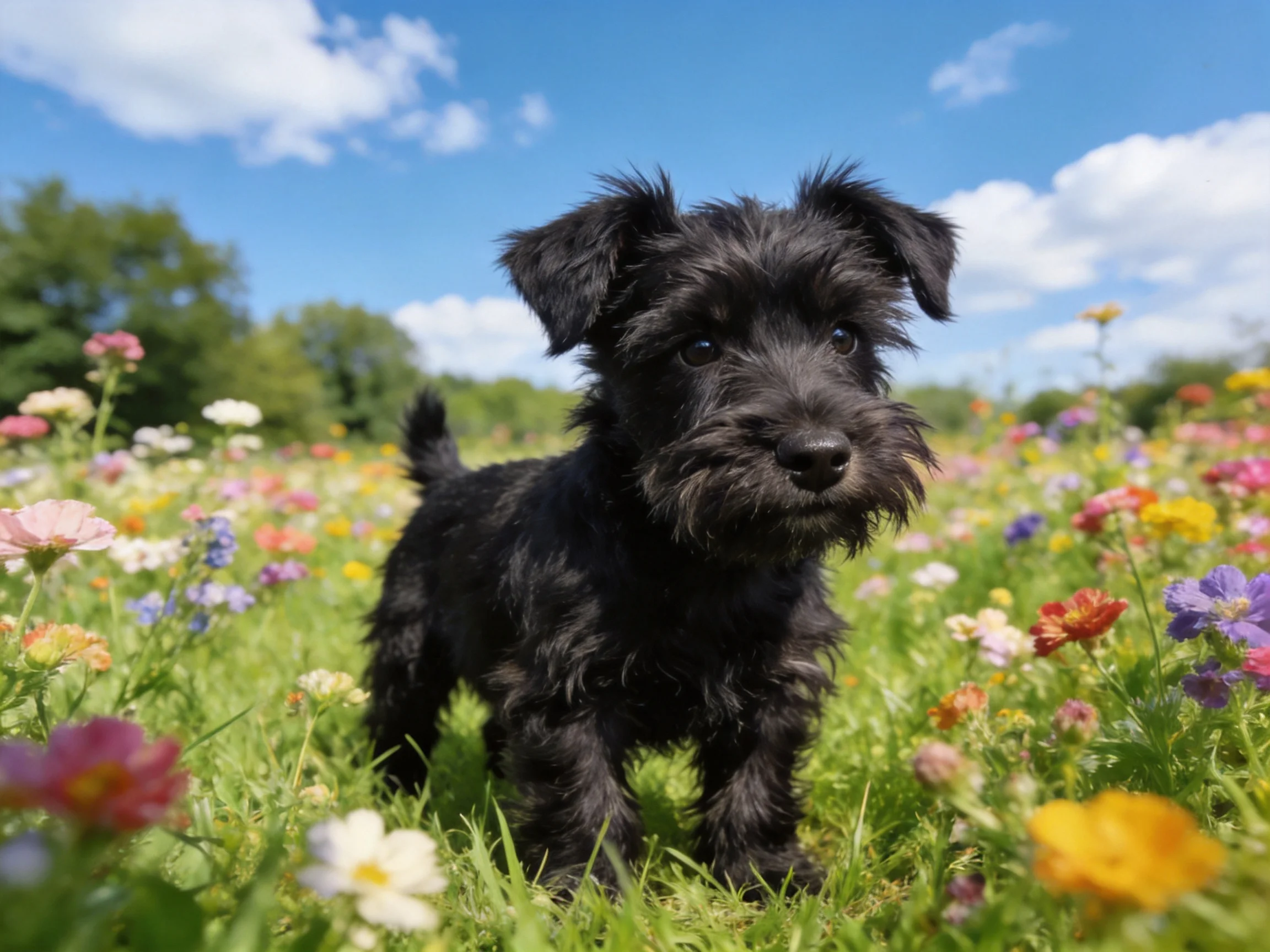 A small black puppy stands among colorful wildflowers in a sunny meadow