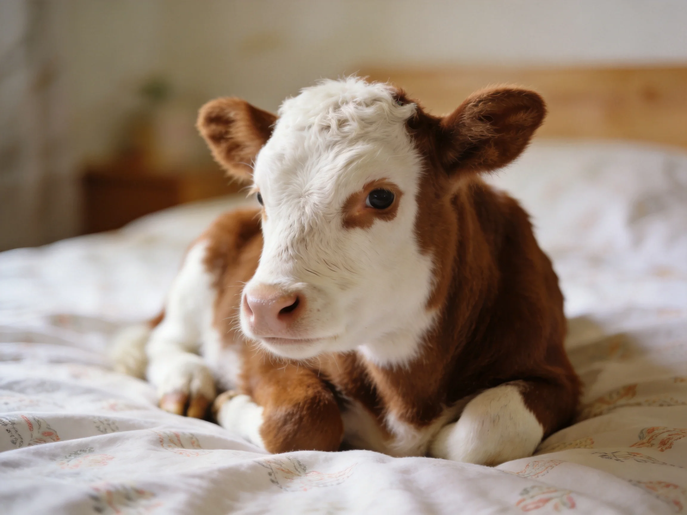 A small brown and white calf relaxing on a floral-patterned bedspread