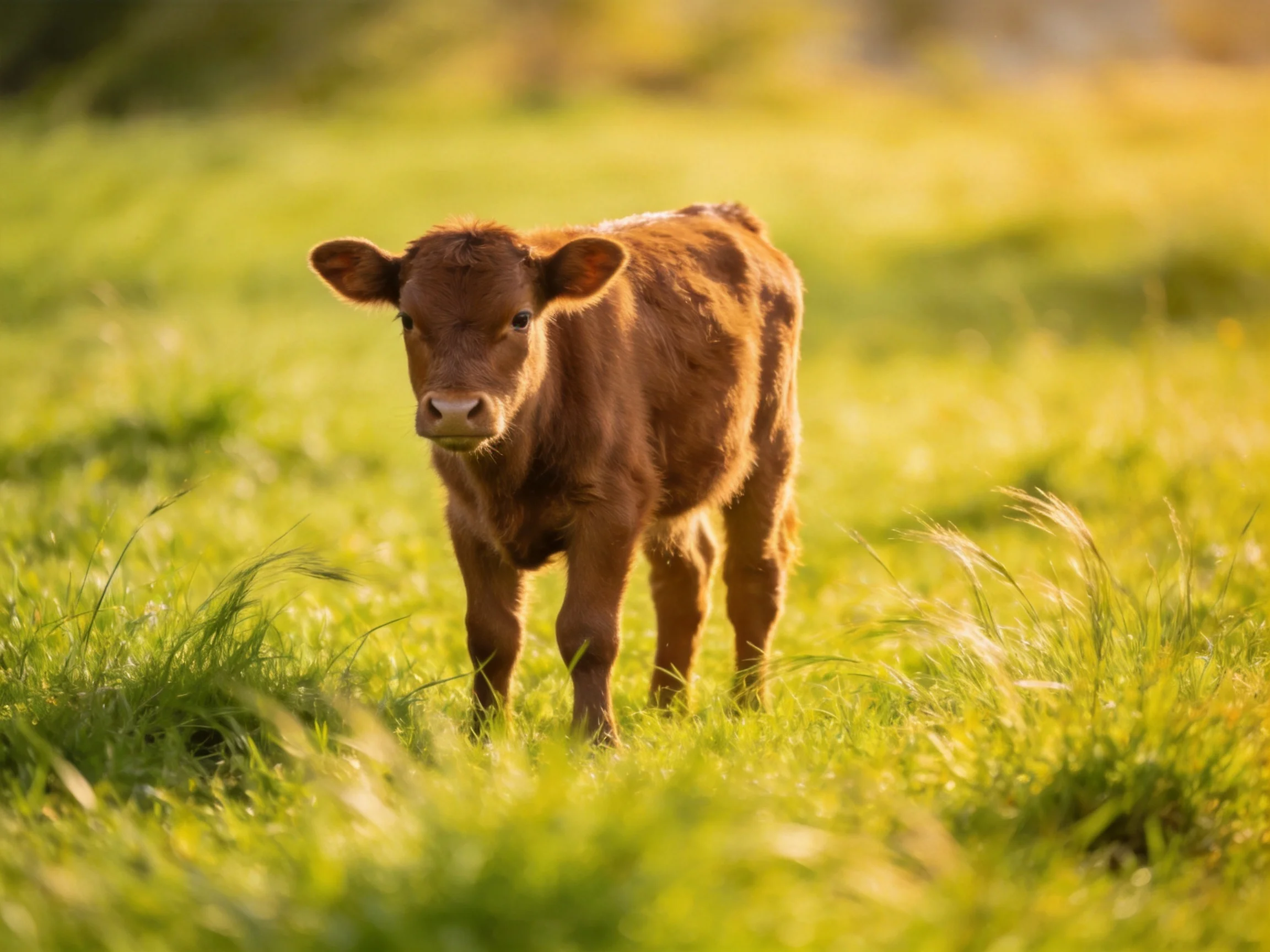 A small brown calf stands in a sun-drenched green pasture