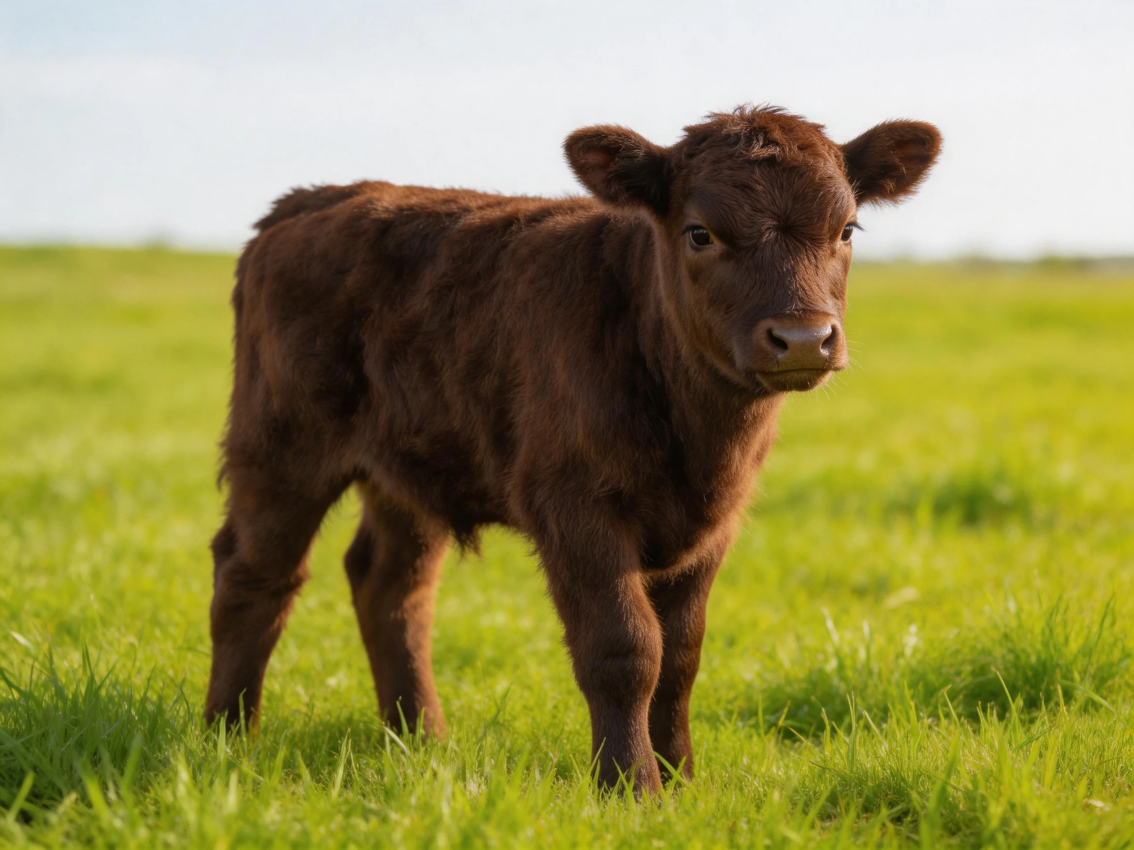A small brown calf with shaggy fur stands in a vast green pasture