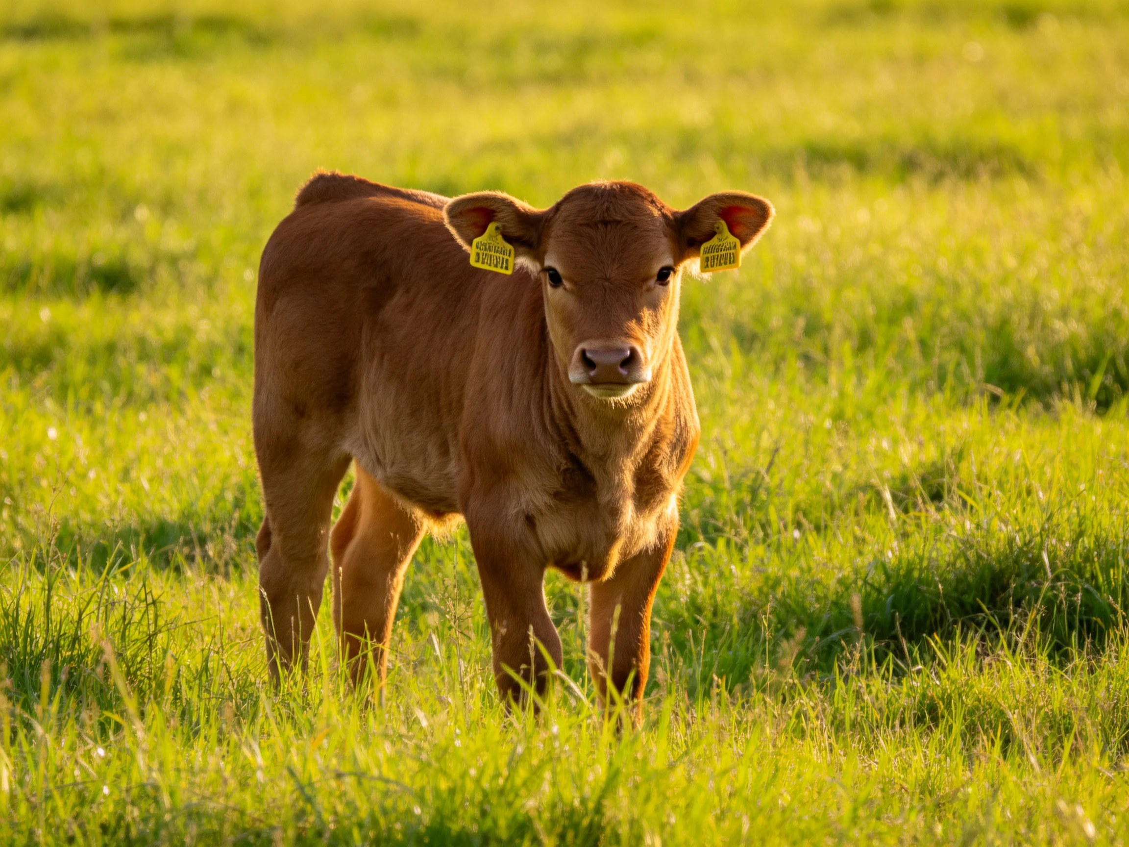 A small brown calf with yellow ear tags stands in a sunlit green field