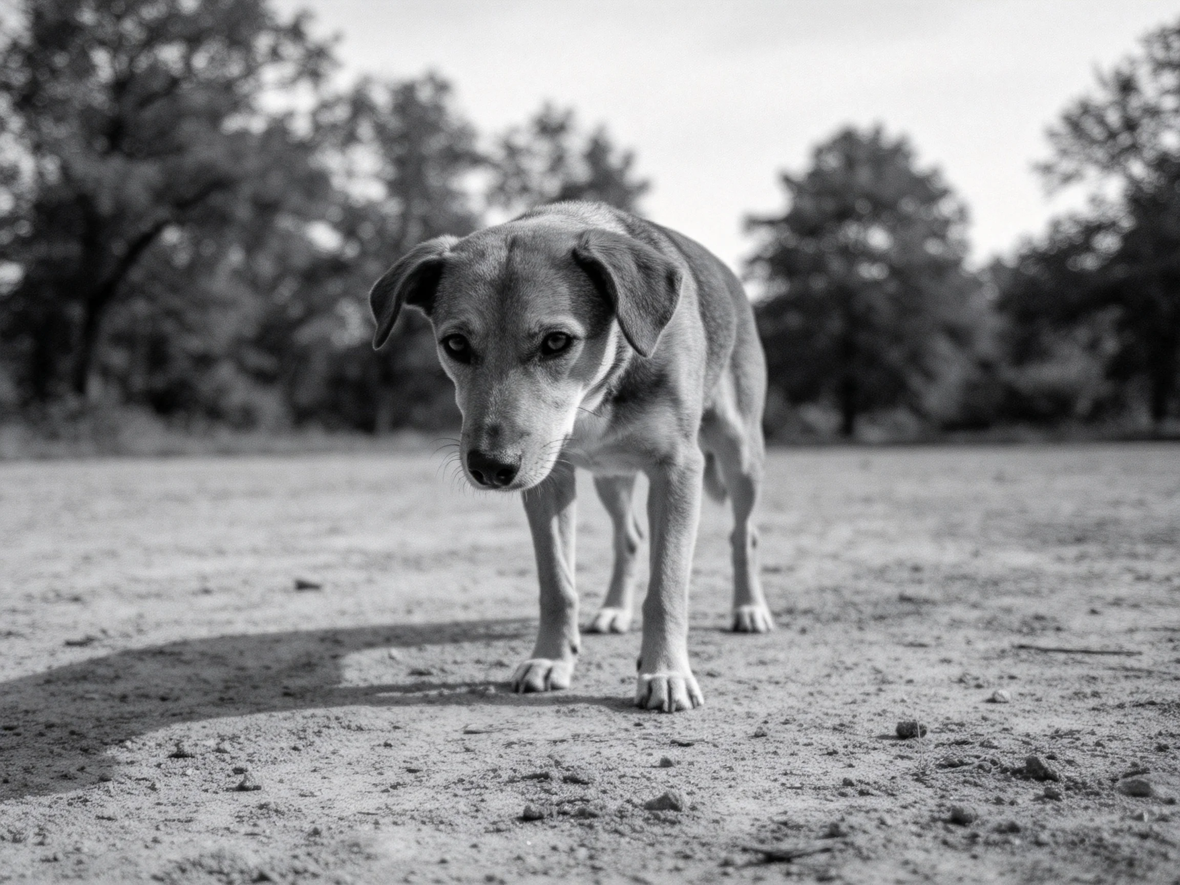 A small dog stands on a dusty path near leafy trees