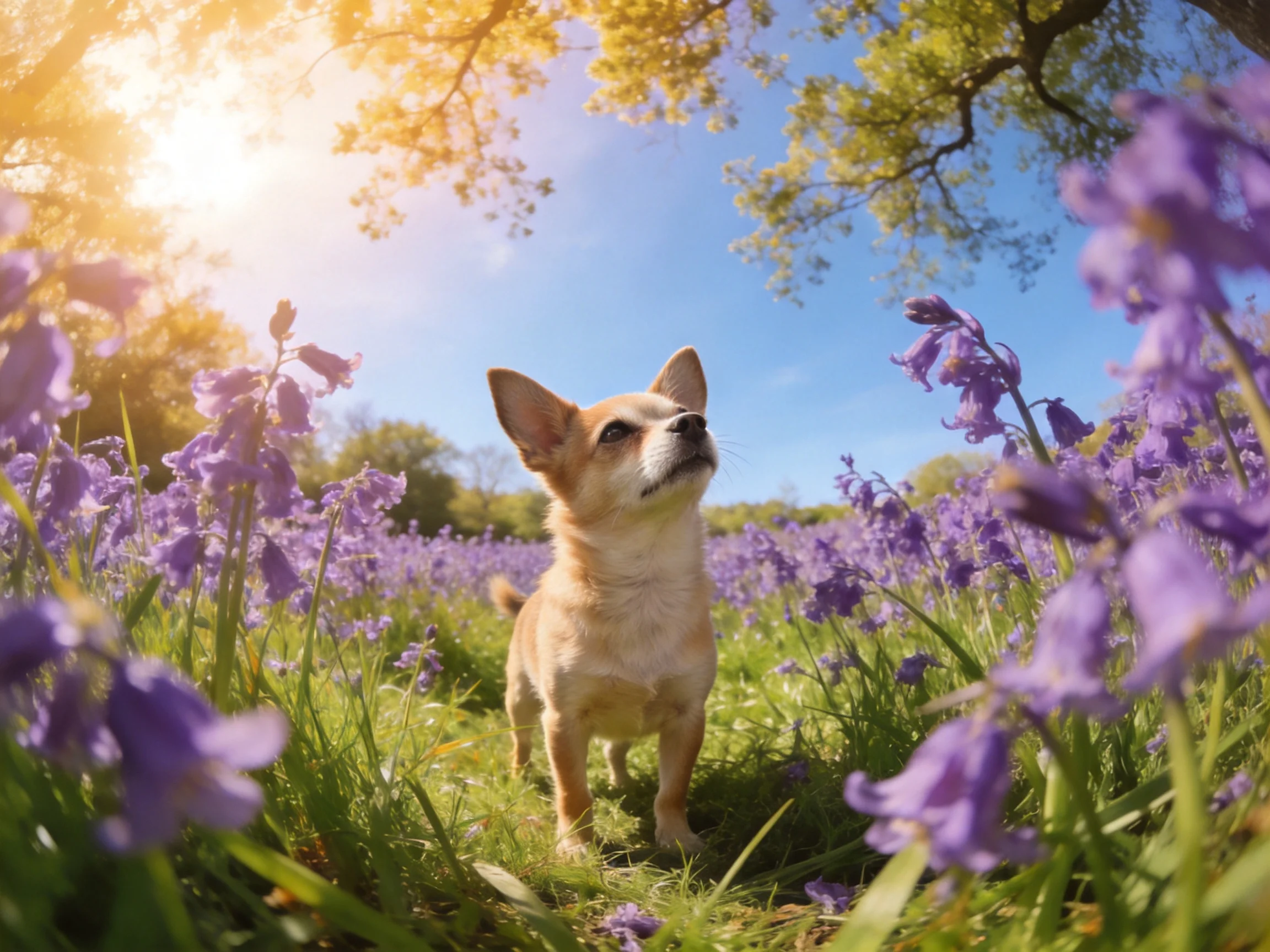 A small tan dog in a field of purple flowers under sunny skies
