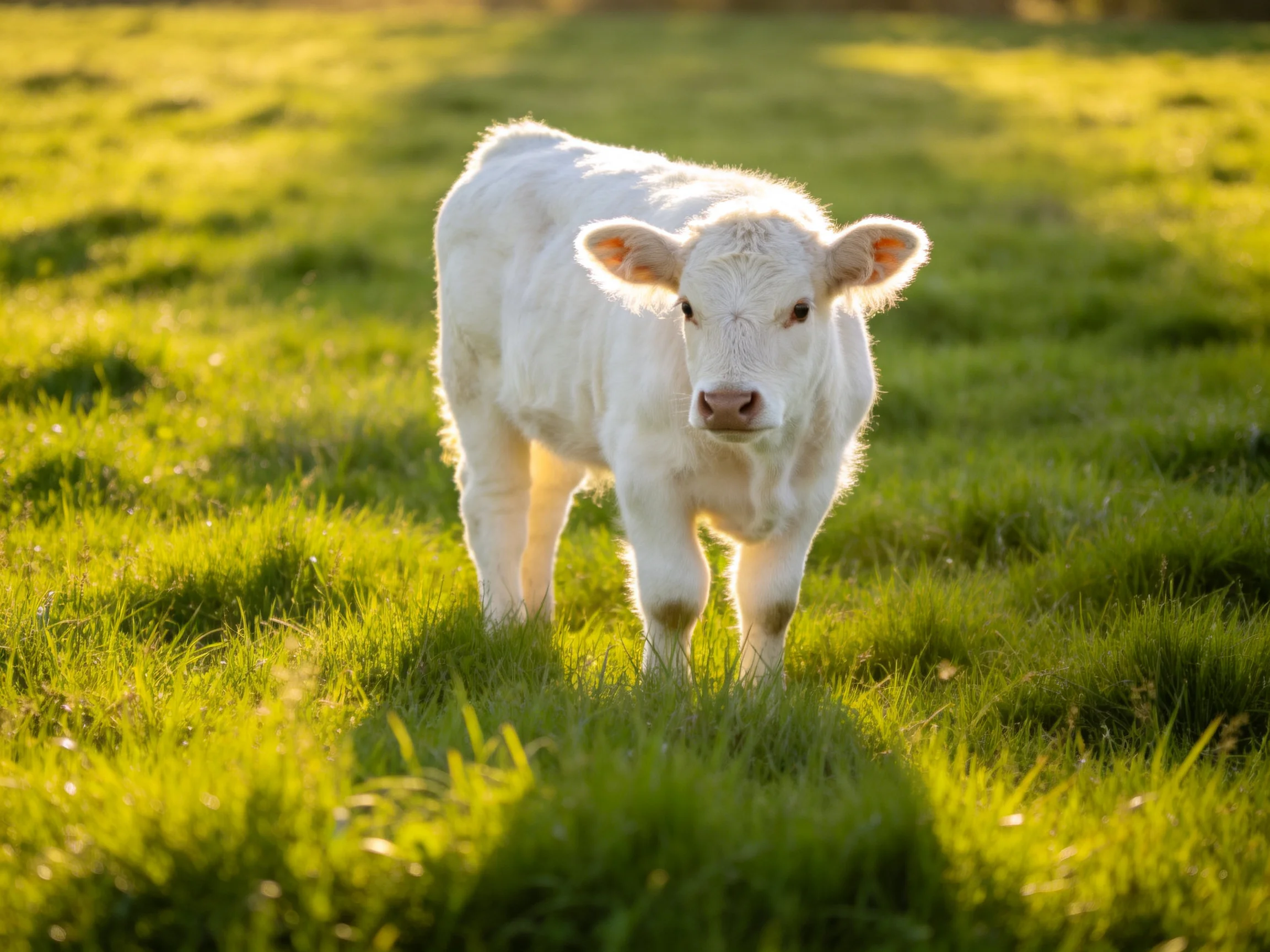 A small white calf in a sunlit green pasture