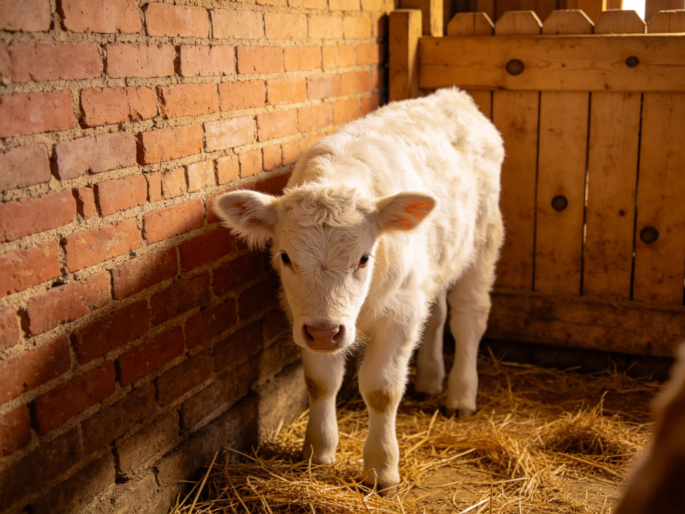 A small white calf near a red brick wall with straw bedding