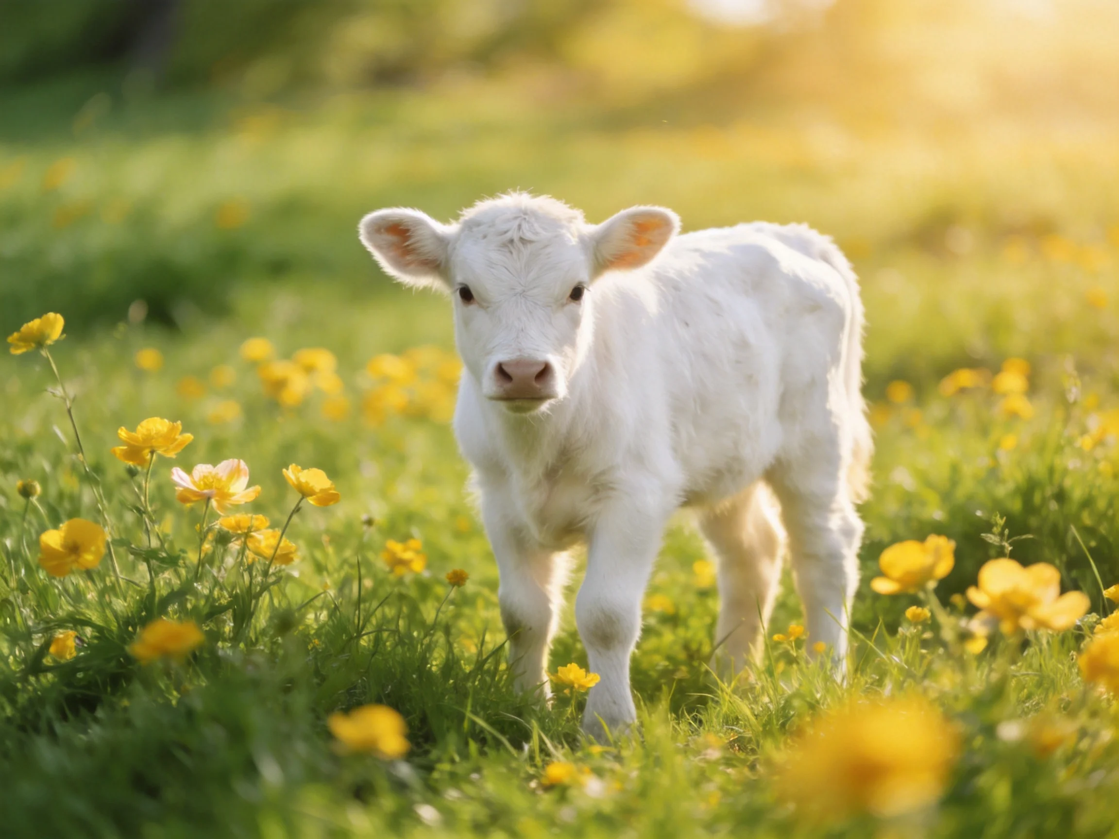 A young white calf explores a sunlit meadow dotted with yellow wildflowers