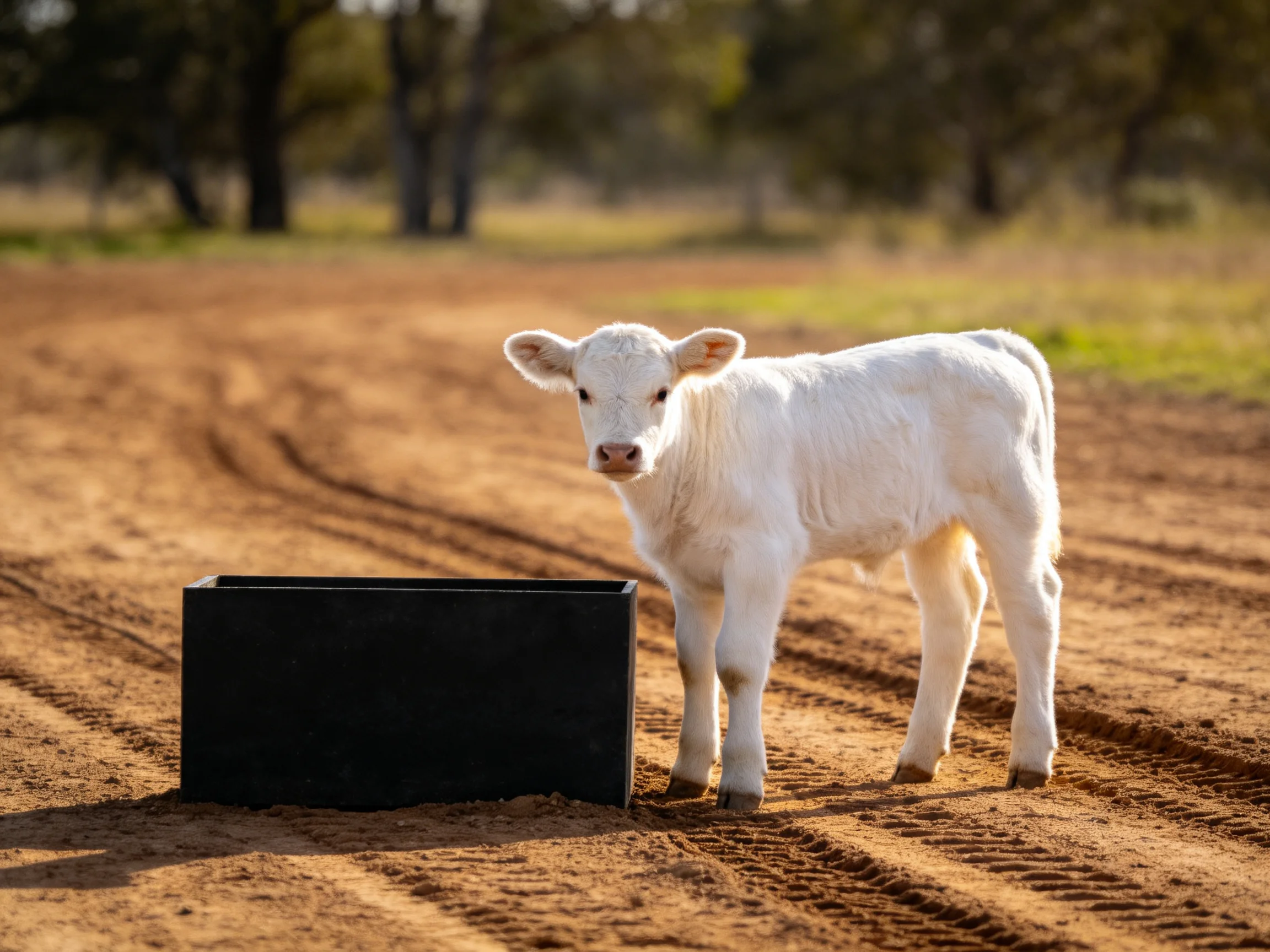 A small white calf stands beside a black container on a dusty rural road