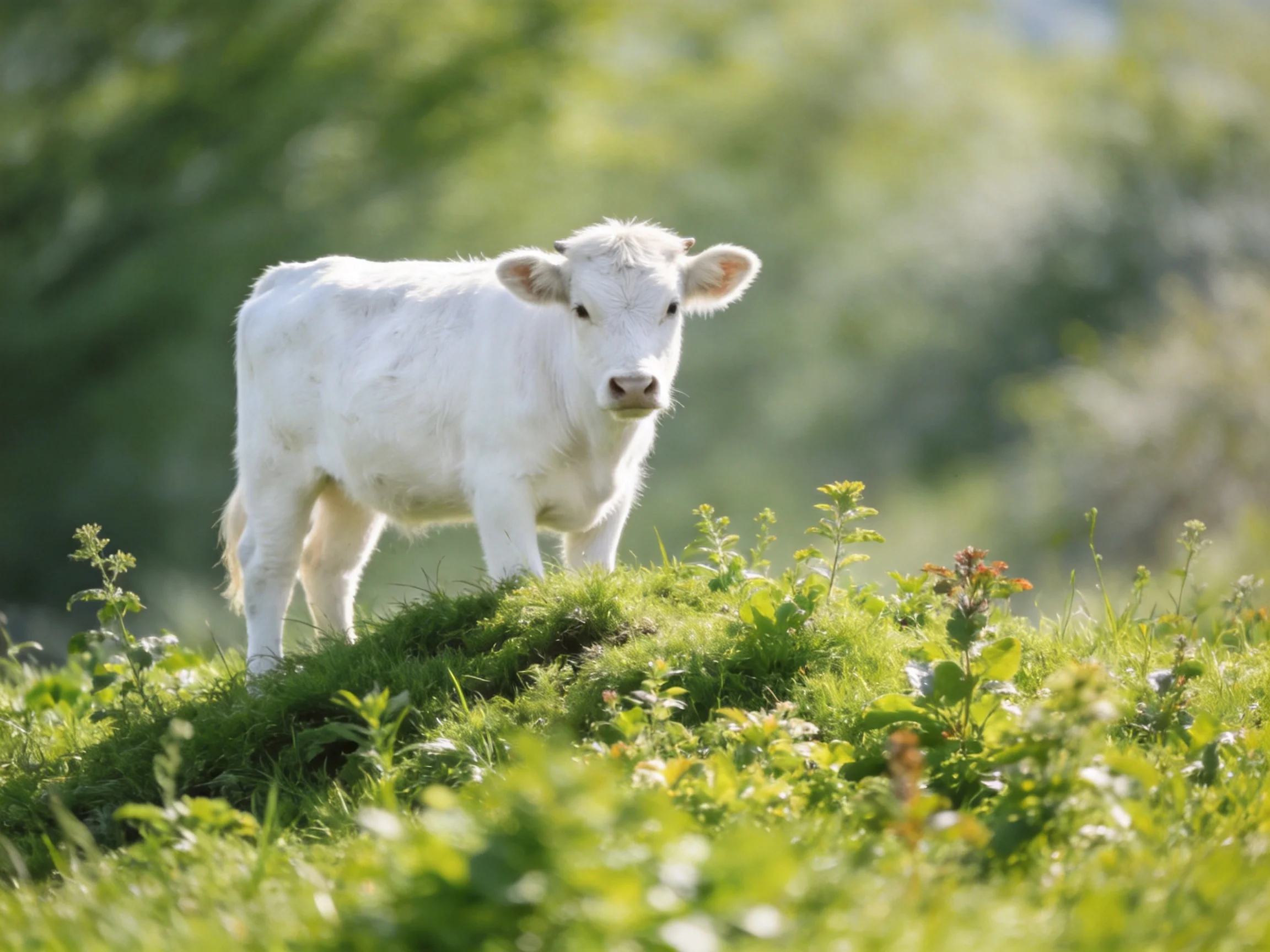 A small white calf stands on a lush green grassy hillside