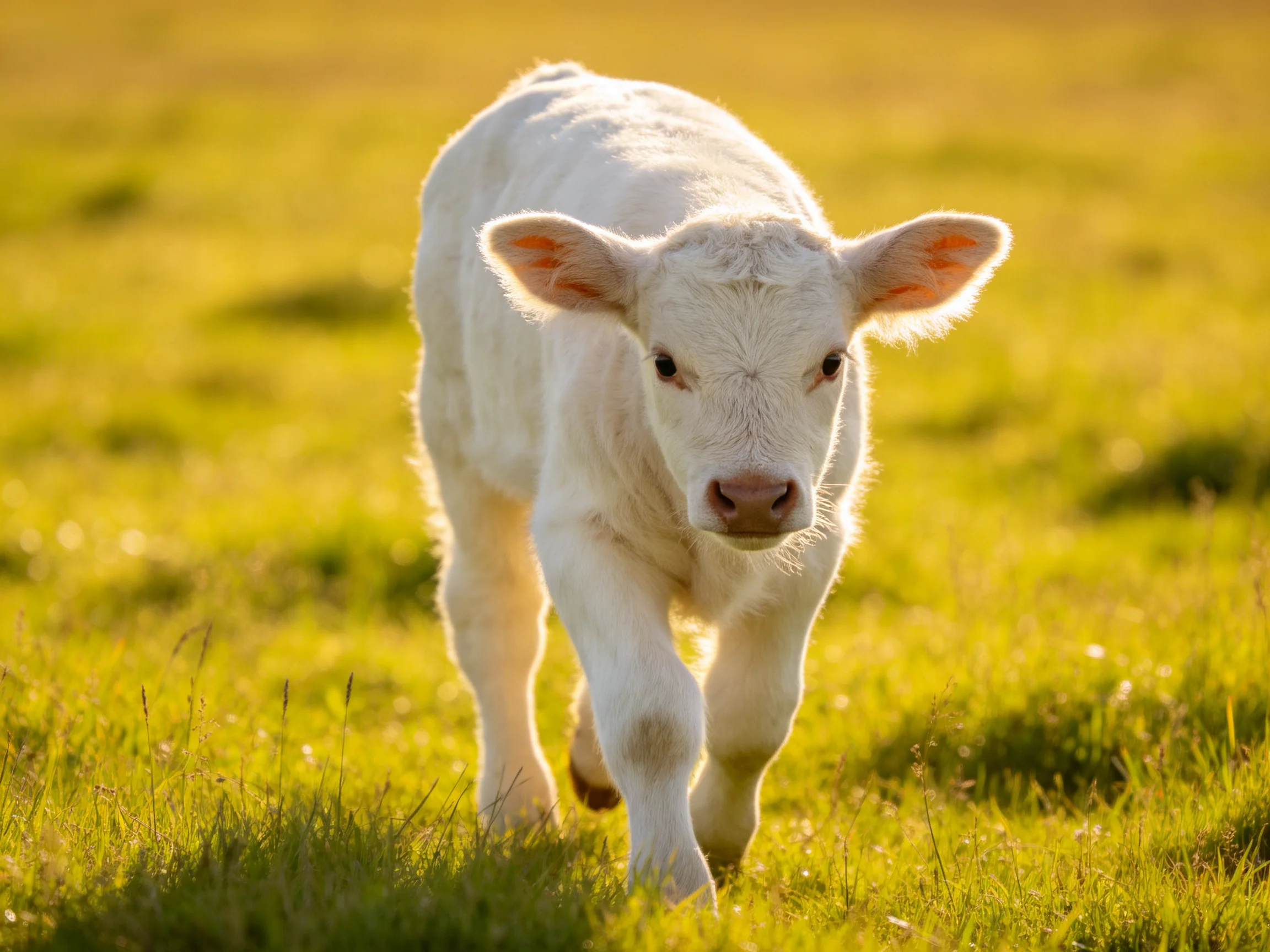 A small white calf walking through a sunlit green meadow