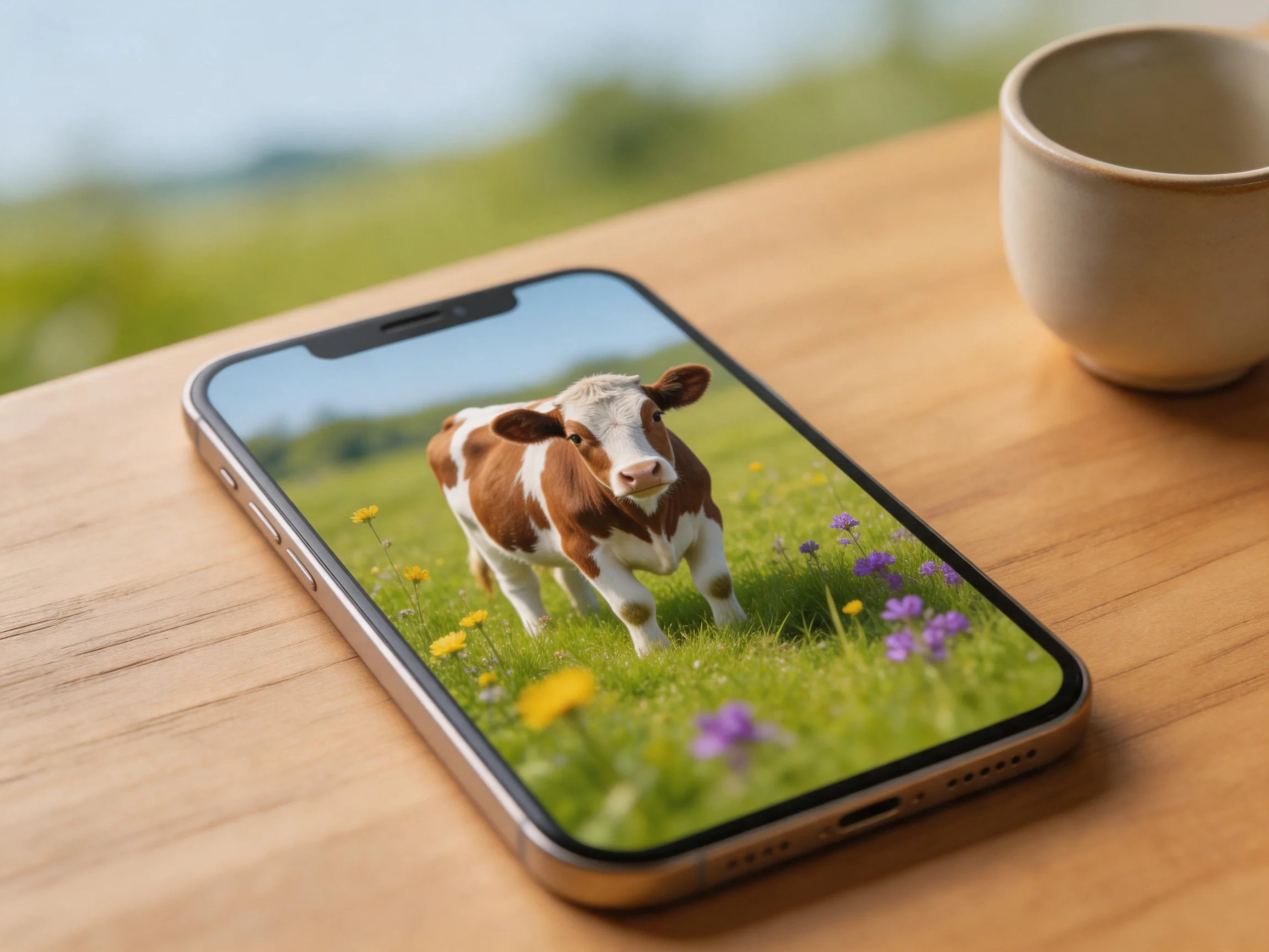 A smartphone displays a brown-and-white cow in a green meadow near a beige cup