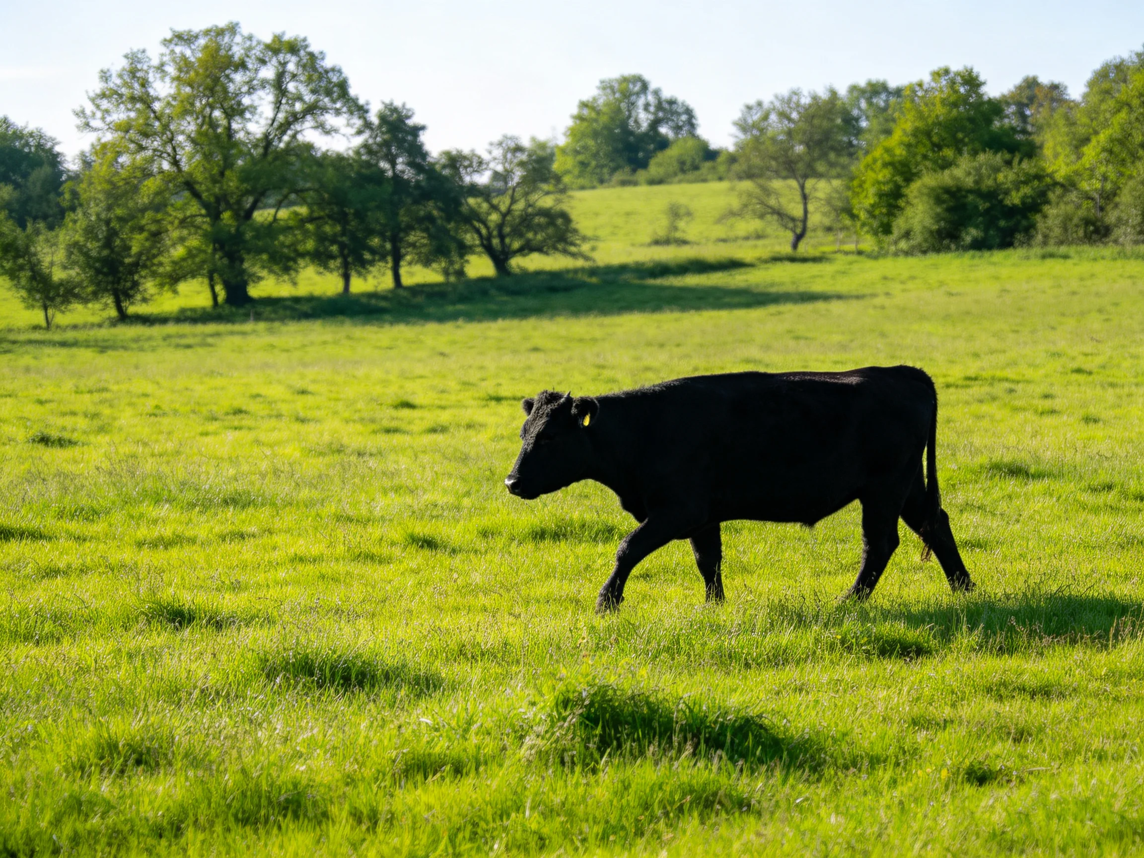 A solitary black cow roams a vast green pasture near scattered trees
