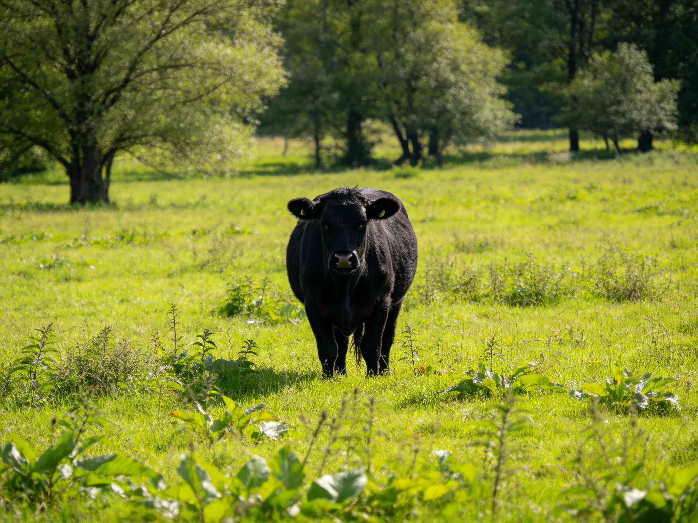 A solitary black cow stands in a lush green meadow near trees