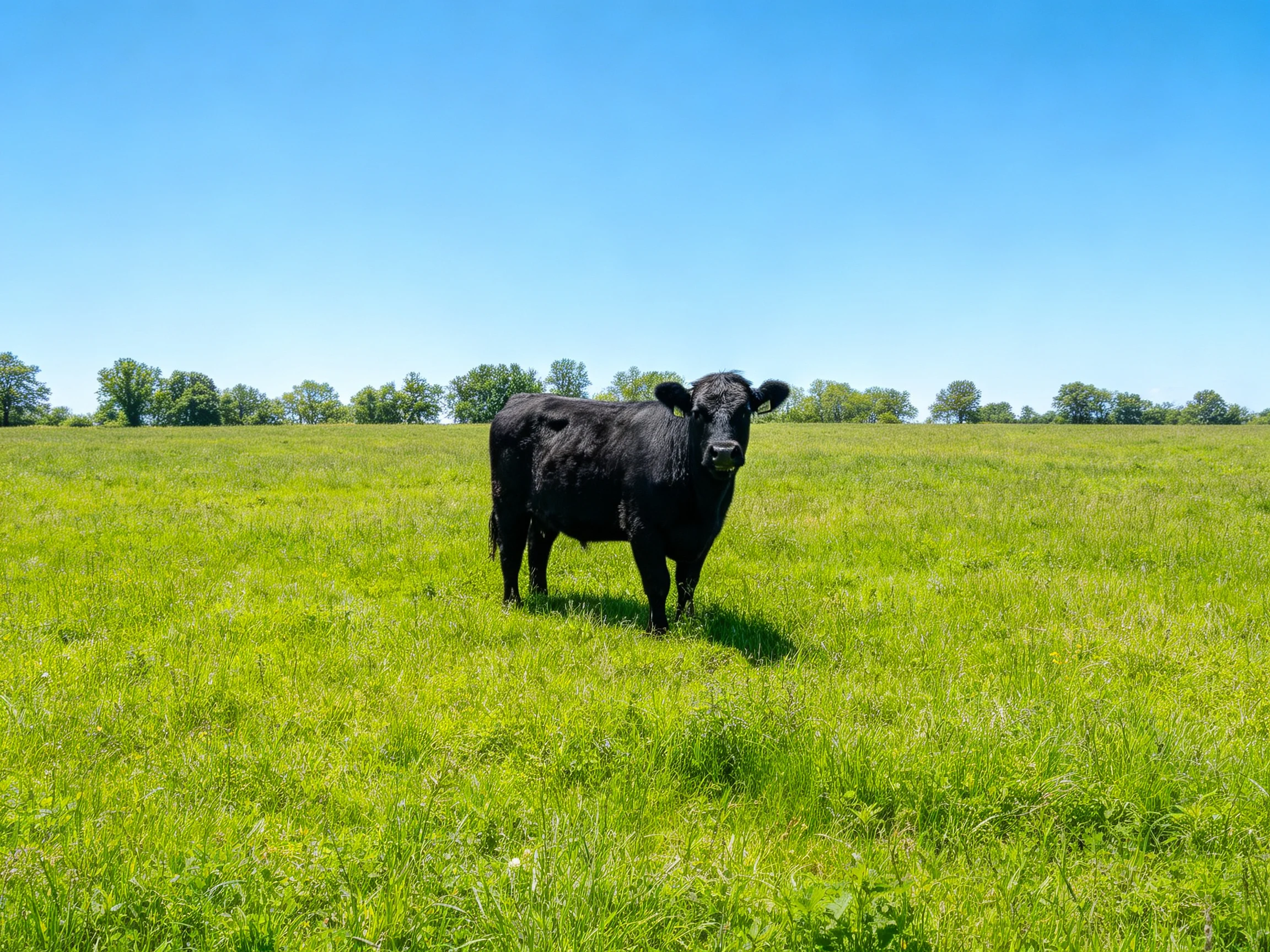 A solitary black cow stands in a vast green pasture