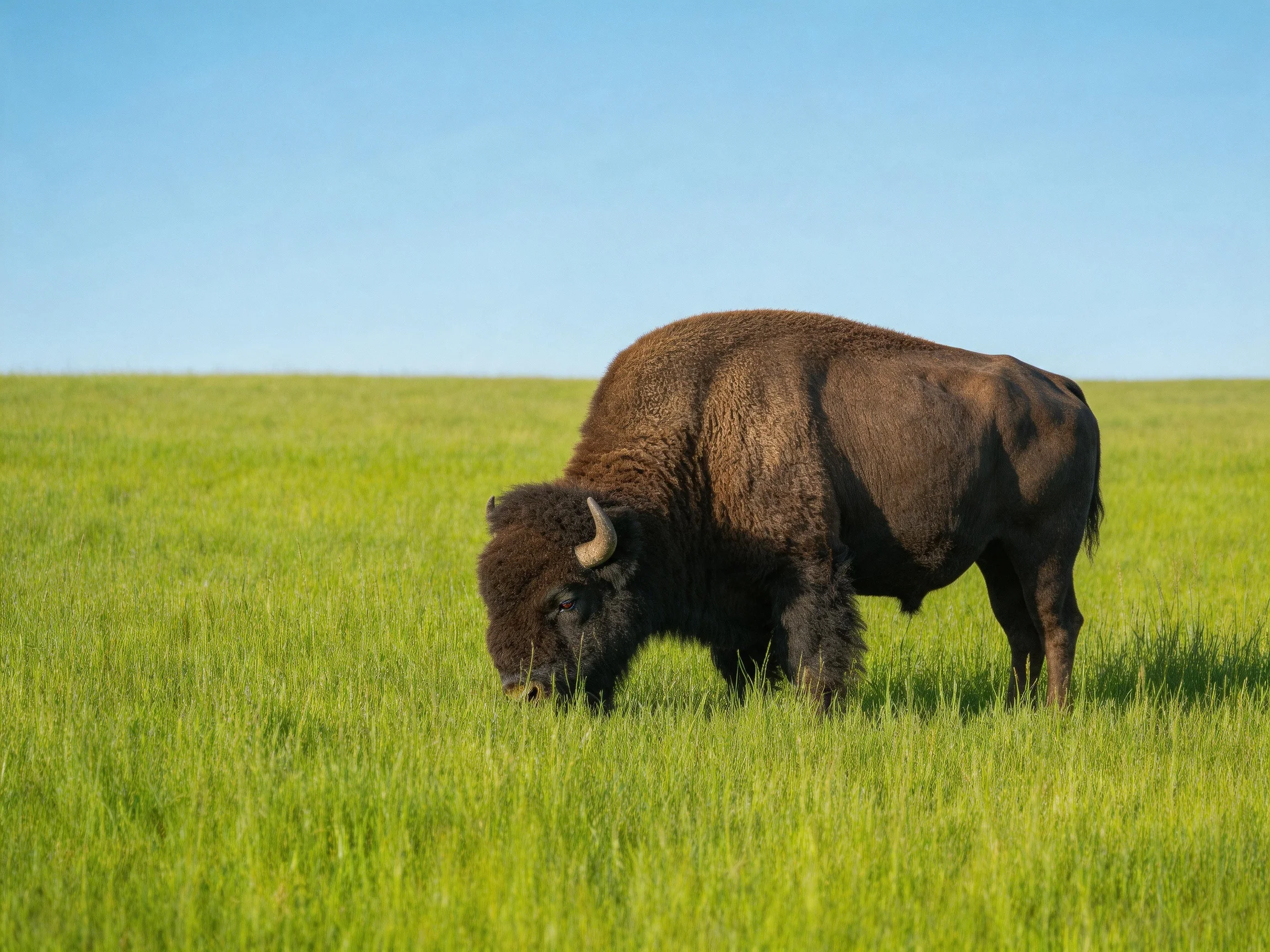 A solitary brown bison grazing in a vast green meadow