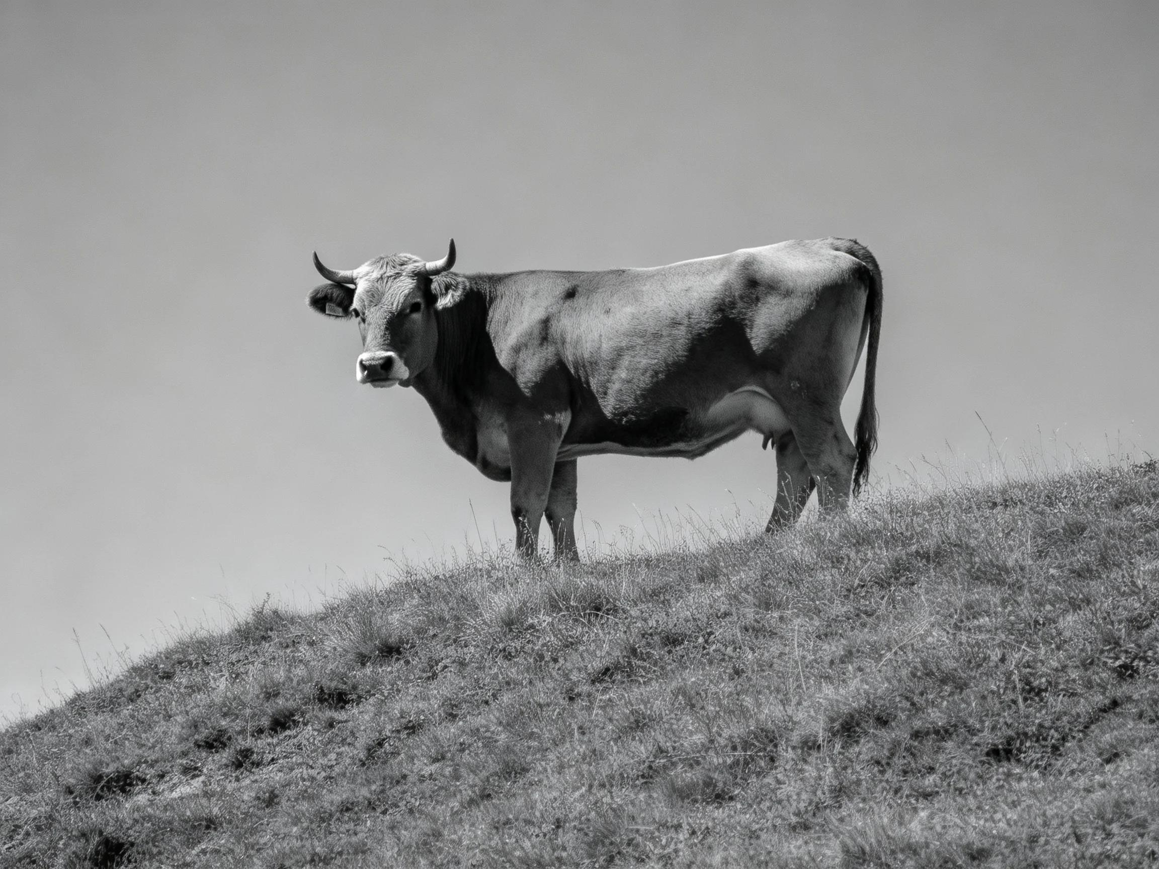 A solitary cow stands atop a grassy hill under an open sky