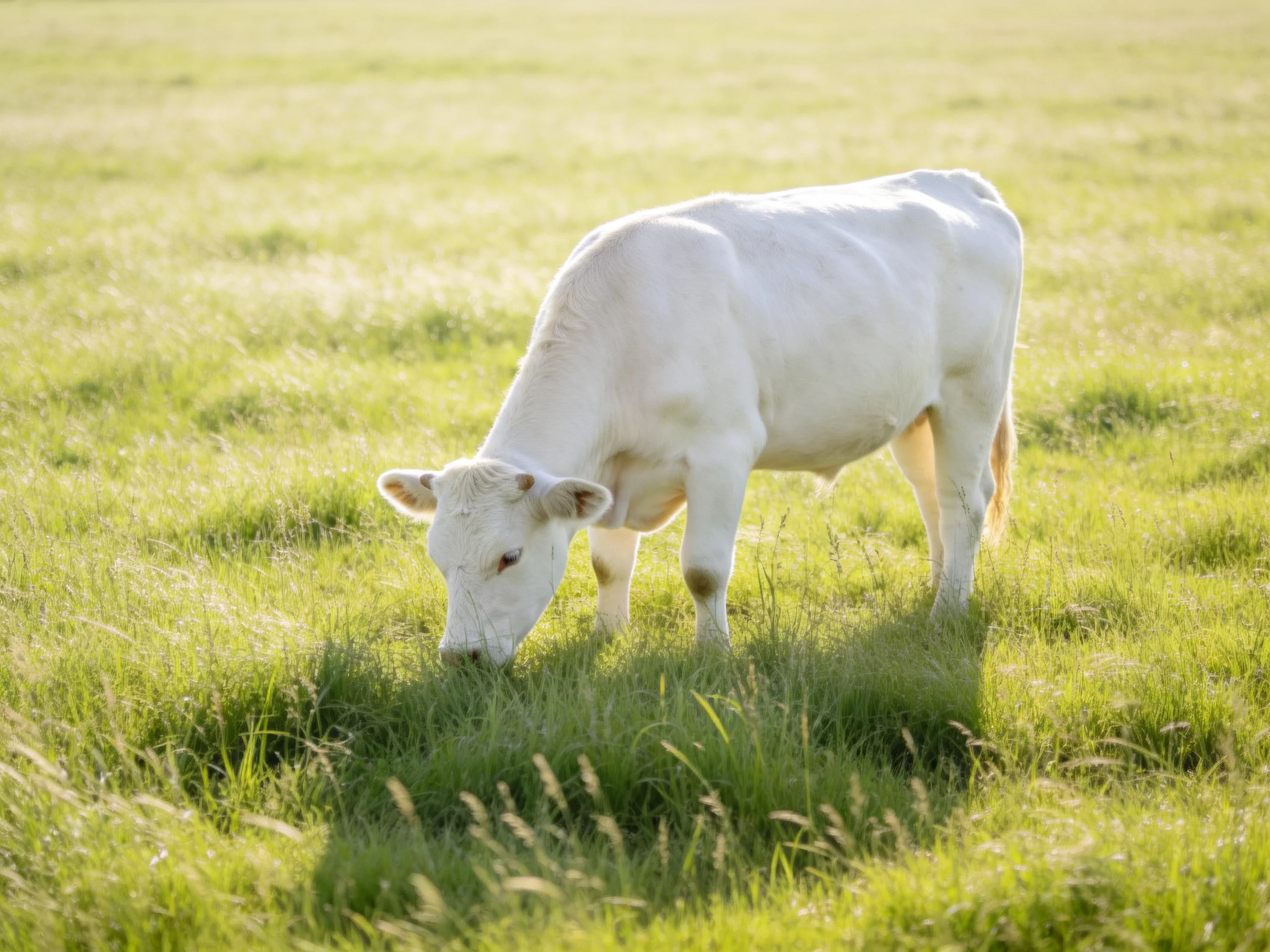 A solitary white cow grazing in a lush green meadow