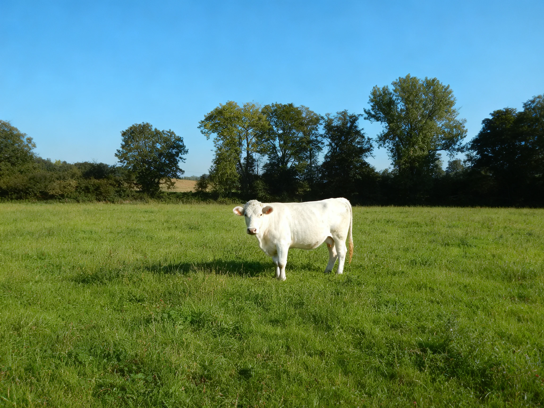 A solitary white cow in a vast green meadow near tall trees