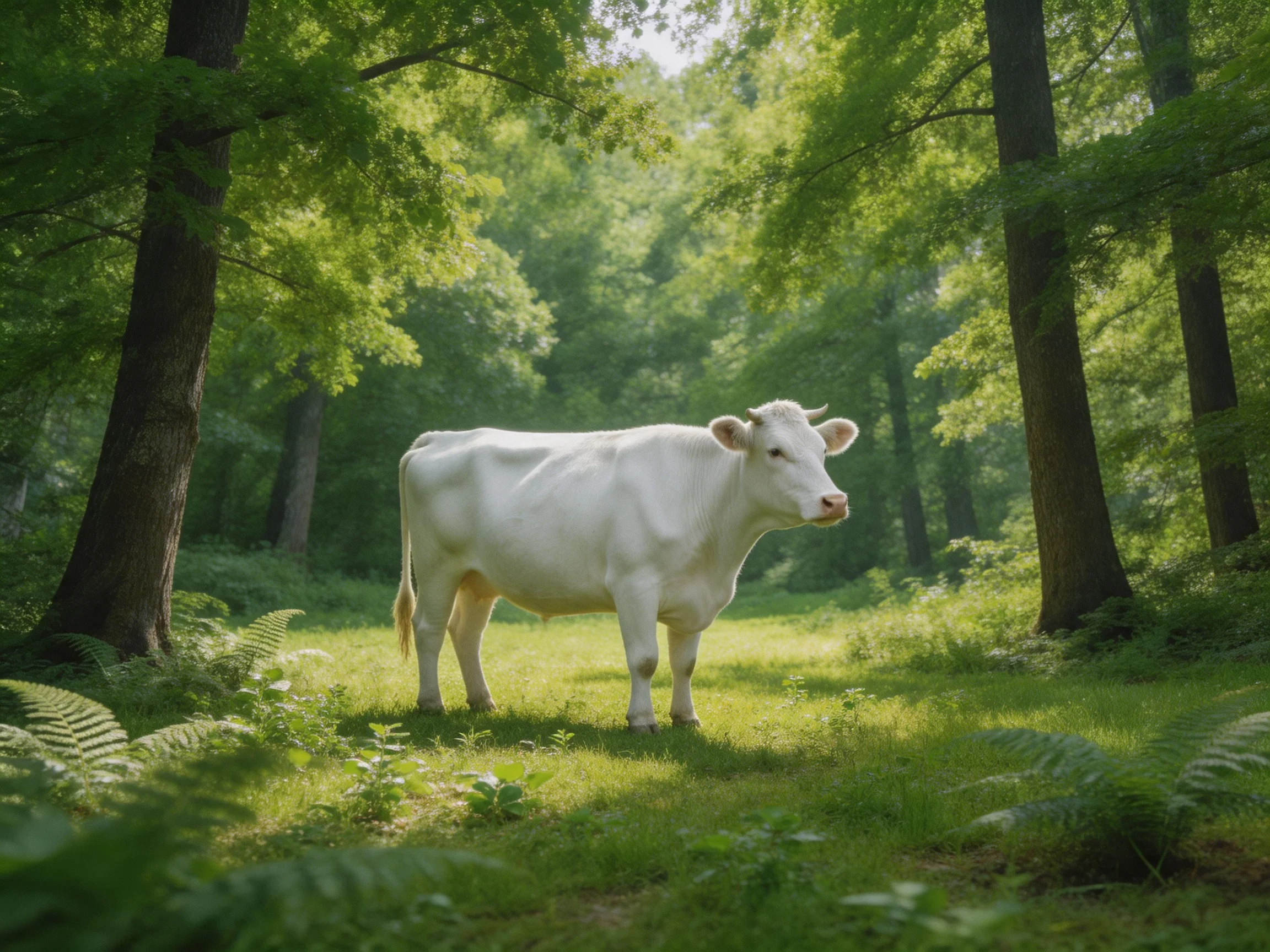 A solitary white cow stands amid lush green trees and ferns