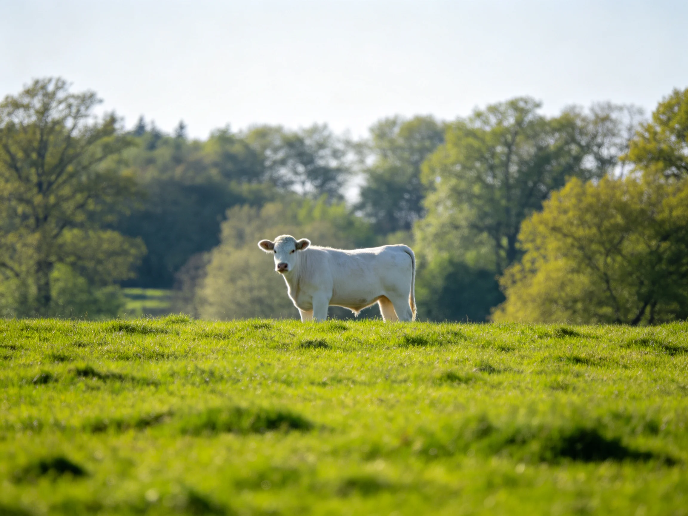 A solitary white cow stands in a lush green meadow near leafy trees