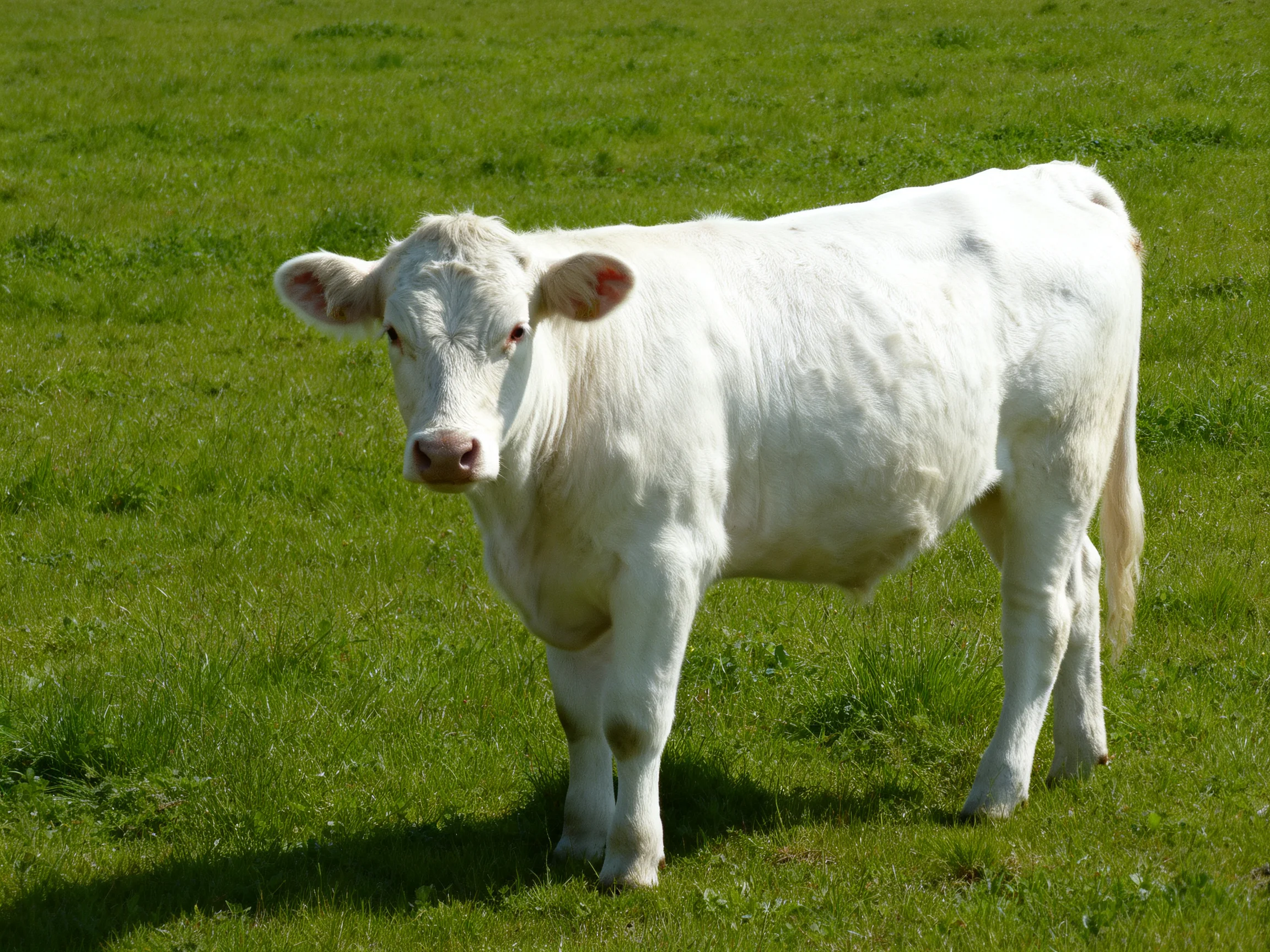 A solitary white cow stands in a lush green pasture