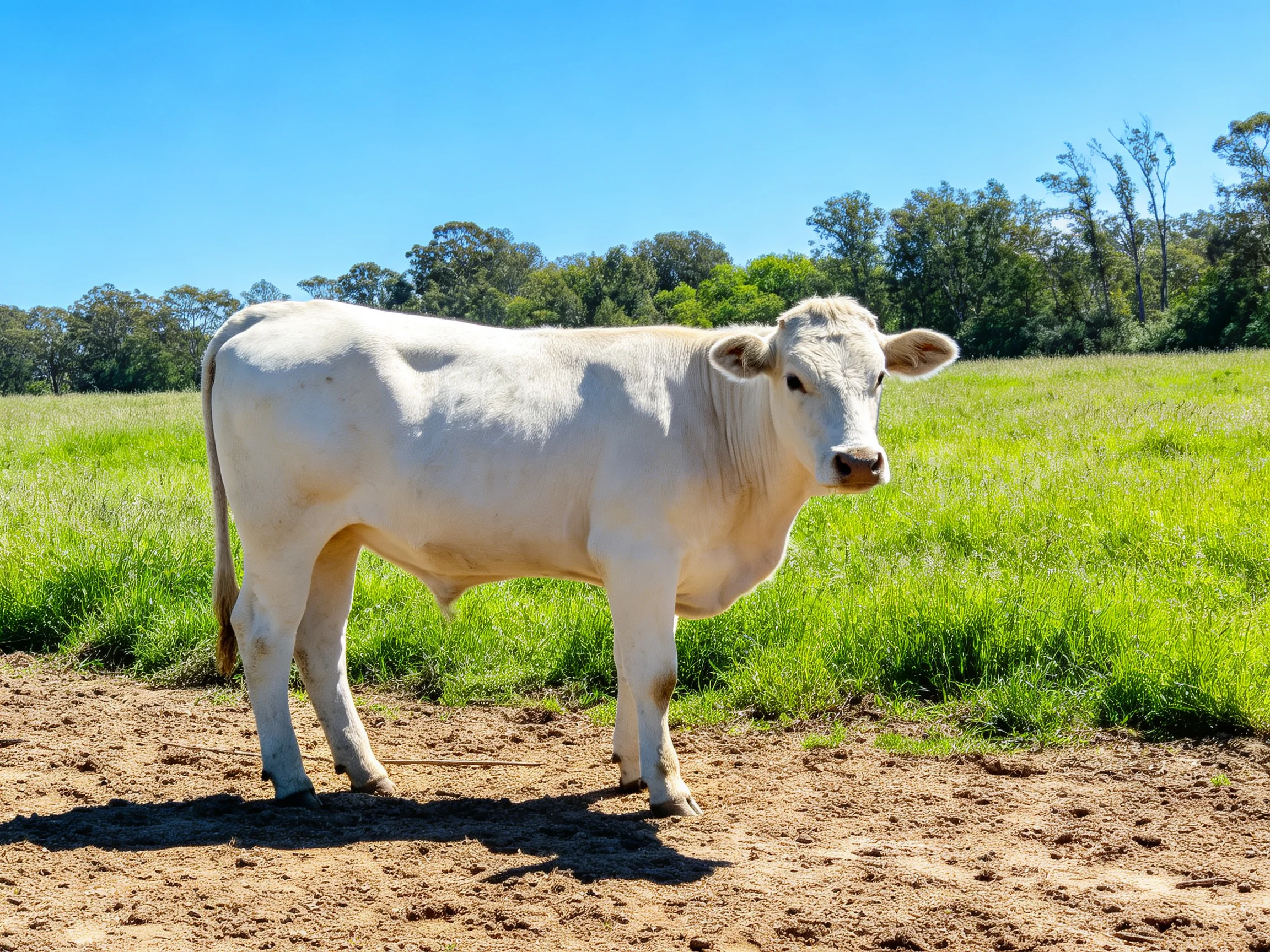 A solitary white cow stands in a lush green pasture