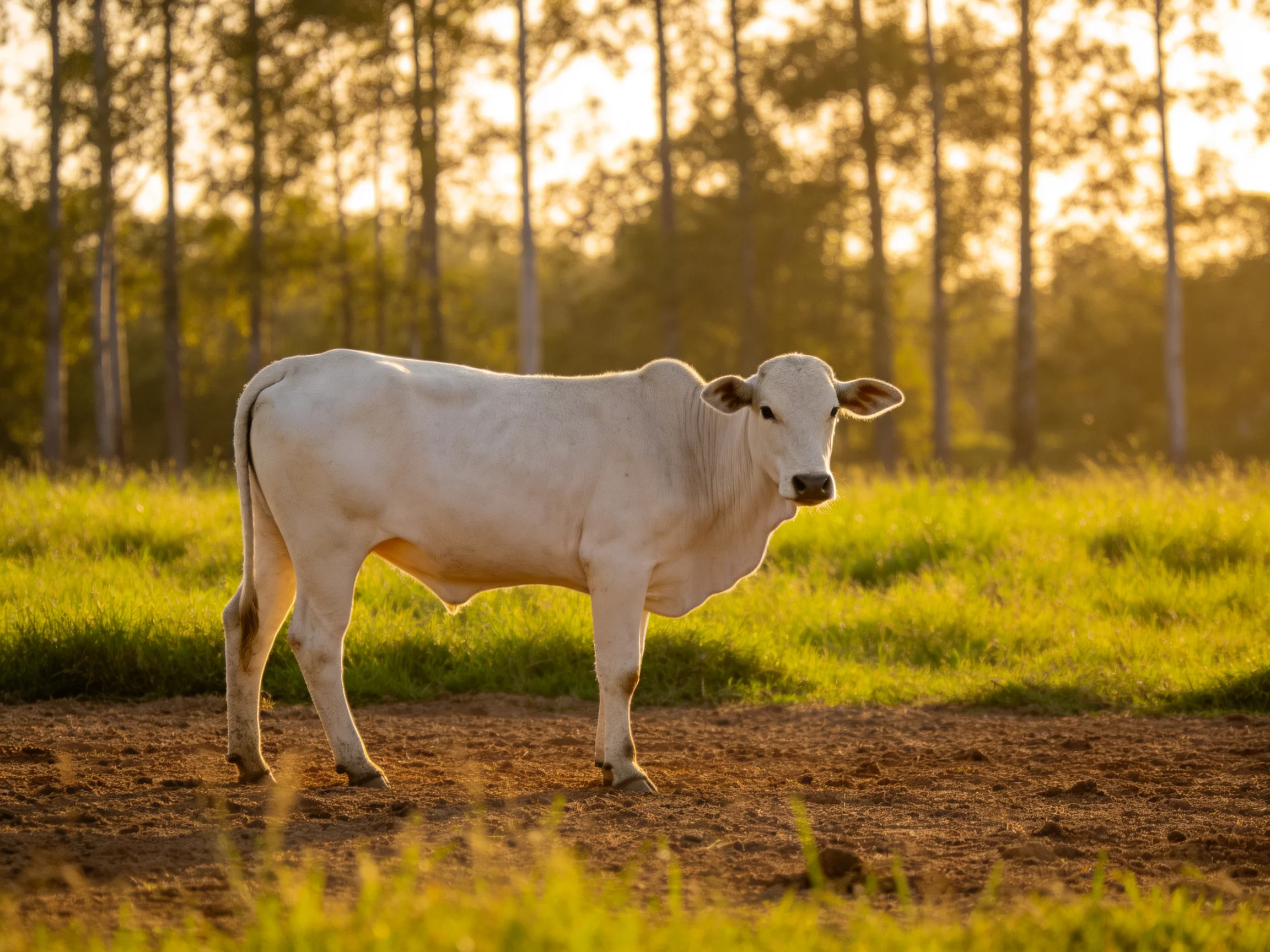 A solitary white cow stands in a sunlit field near tall trees
