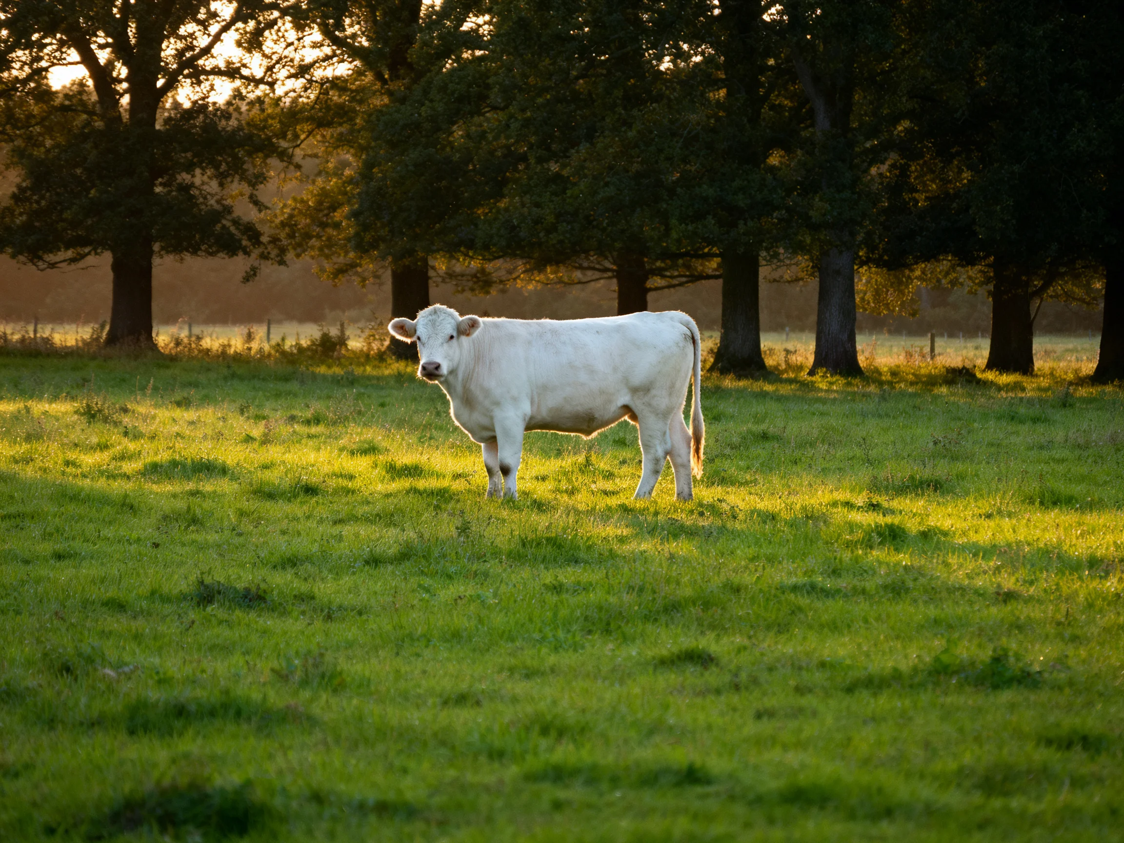 A solitary white cow stands in a sunlit green pasture near tall trees