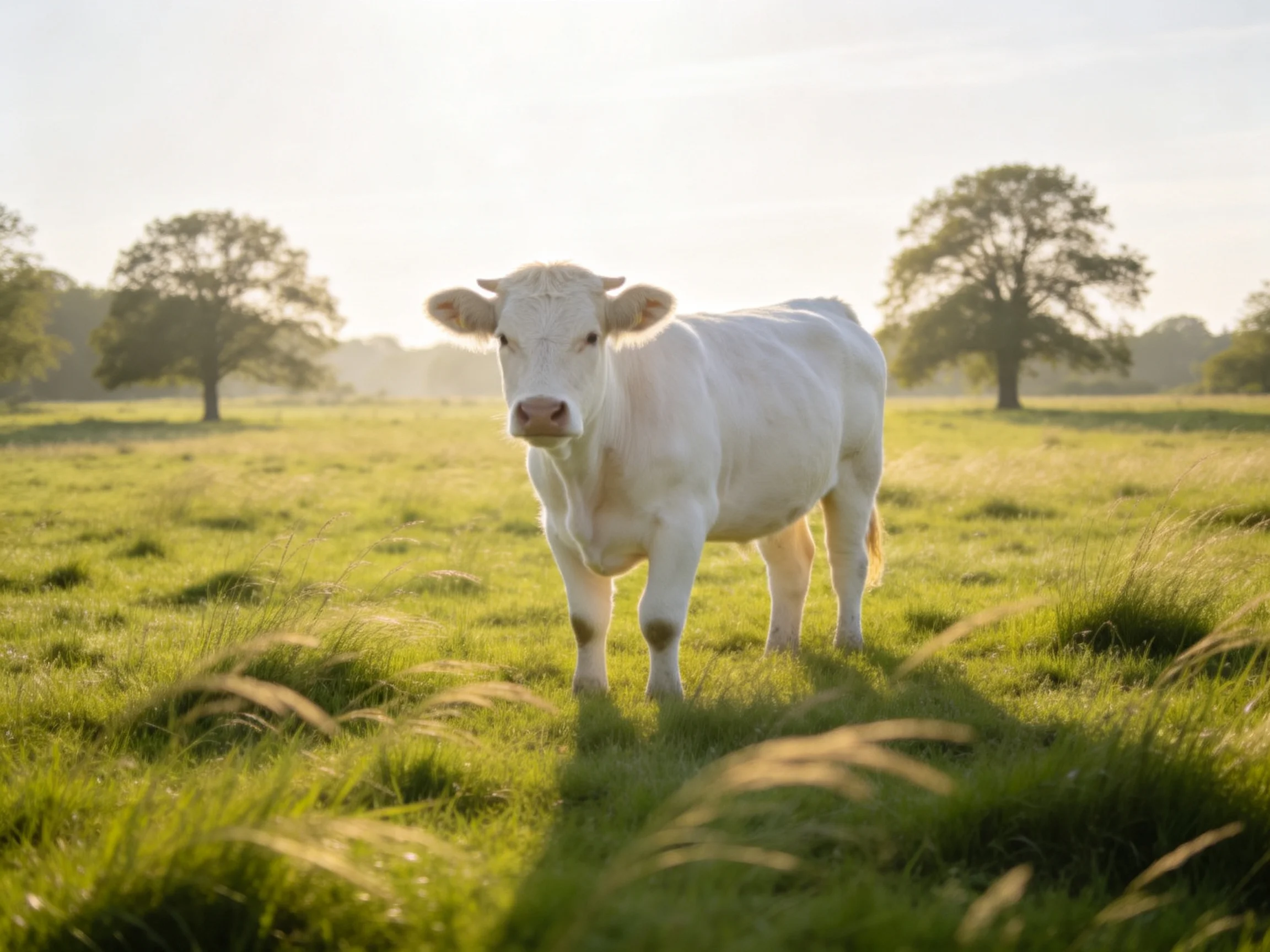 A solitary white cow stands in a sunlit green pasture with distant trees