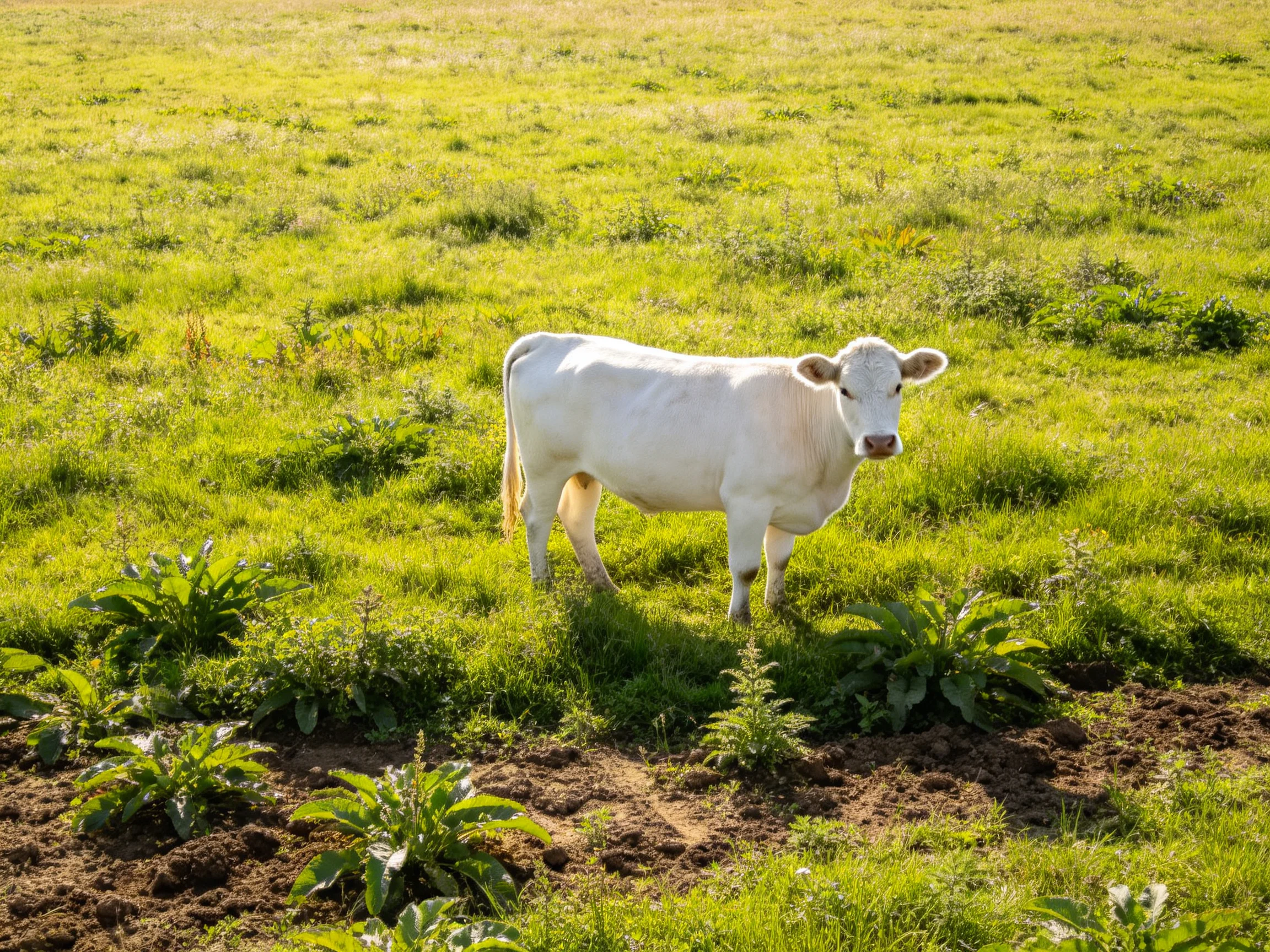 A solitary white cow stands in a sunlit green pasture with vegetation