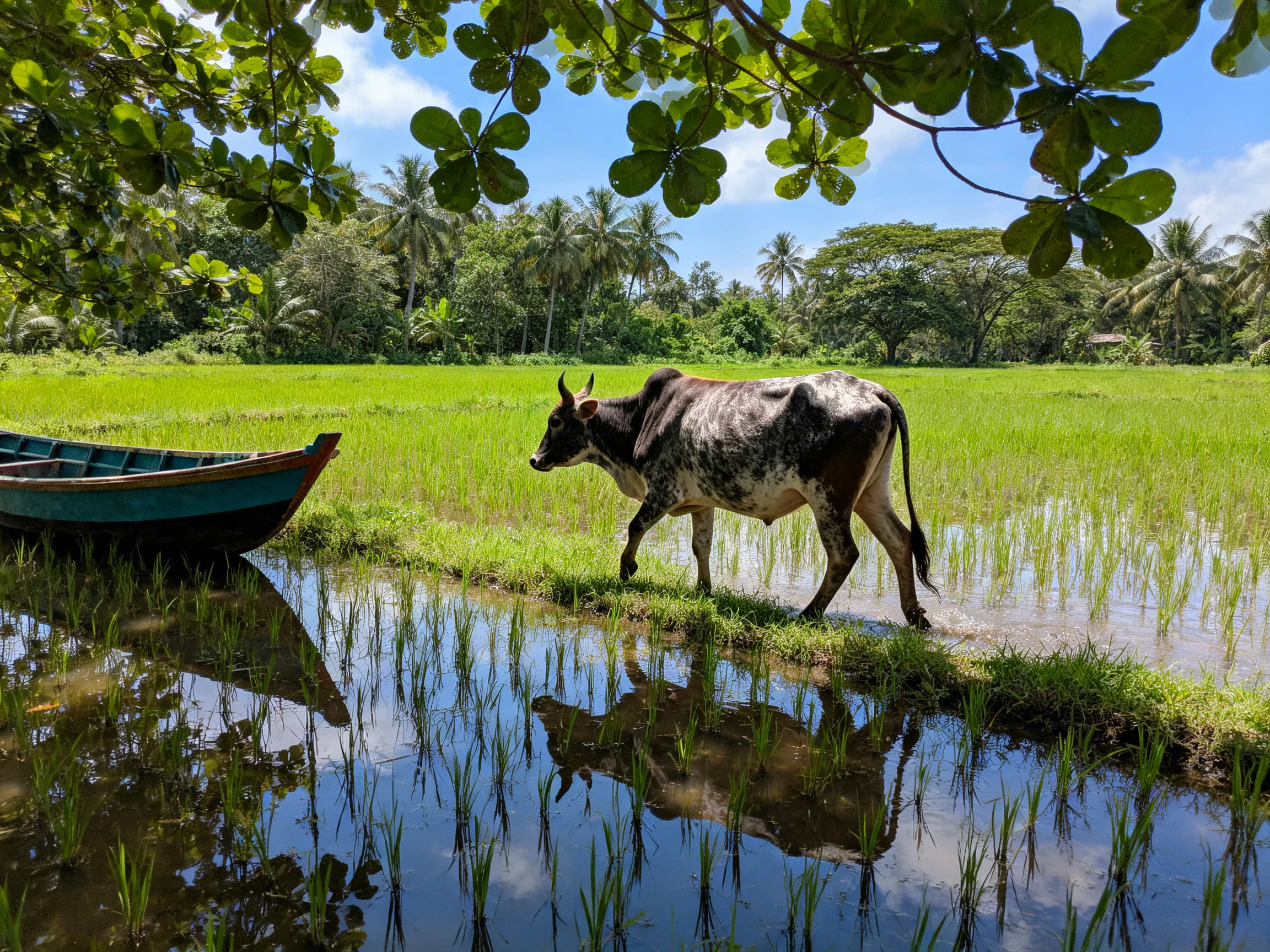 A spotted cow walks near a blue boat in lush green fields